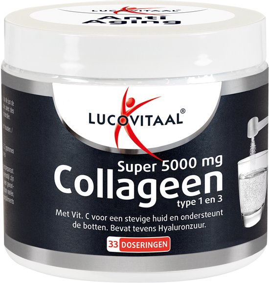 Witte pot met 'Lucovitaal Super 5000 mg Collageen type 1 en 3' op het etiket. Bevat 33 doseringen.