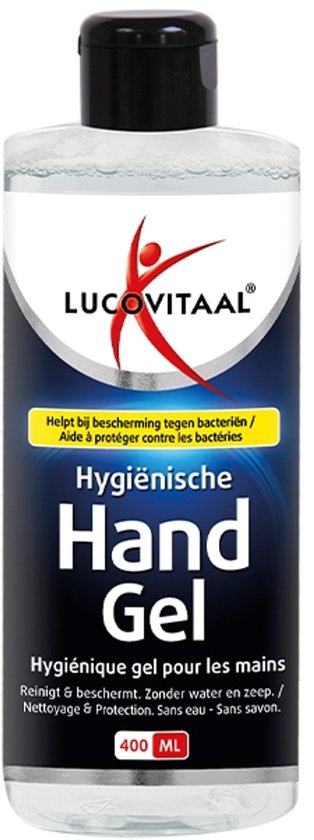 Fles hygiënische handgel van Lucovitaal met rode figuur logo, 400 ml.