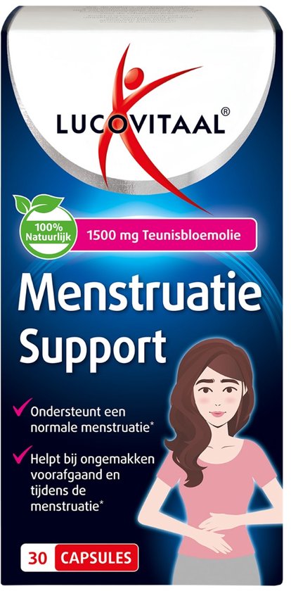 Lucovitaal Menstruatie Support. Blauwe doos met rode opdruk, 100% natuurlijk, 1500 mg Teunisbloemolie, 30 capsules. Afbeelding van een vrouw.