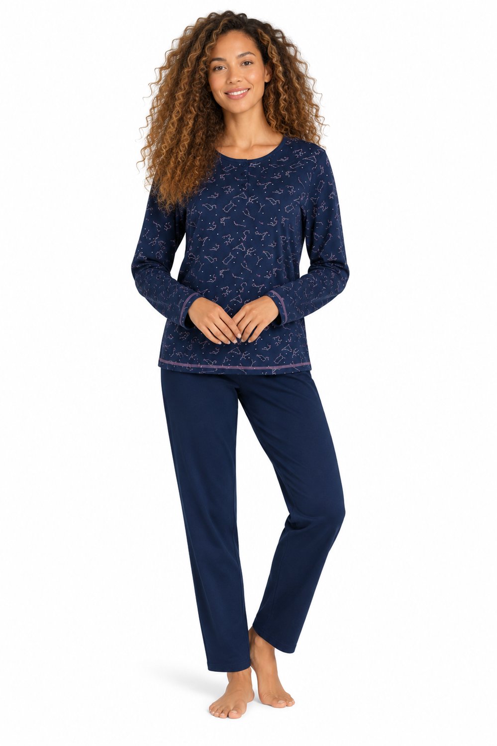 Comtessa - Dames Pyjama - Donkerblauw met Subtiele Print - 100% Katoen - maat 46