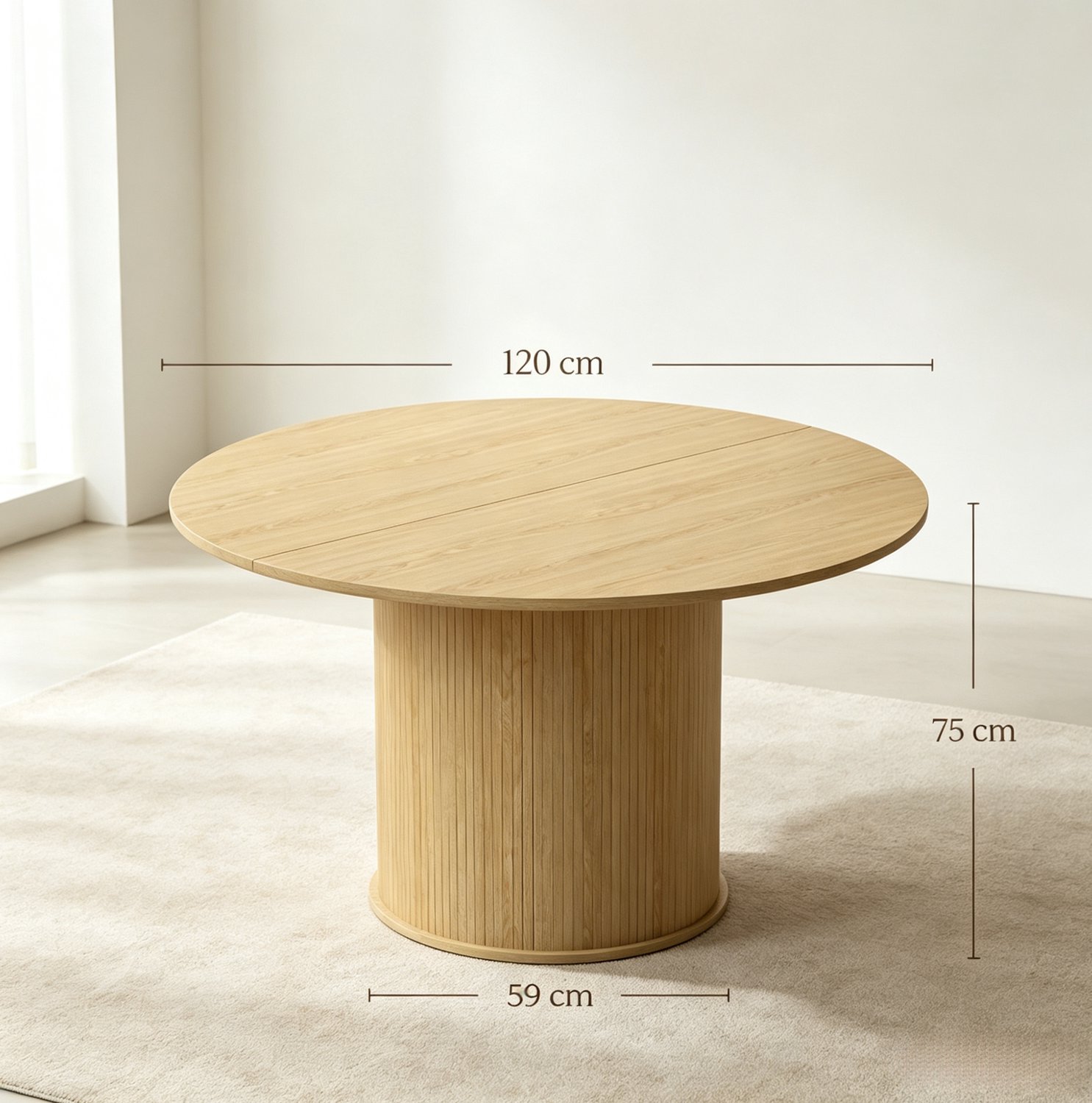 HAUSS SPOLE Ronde Eettafel 120 Cm Moderne Zylindrische Basis Voor 4 tot 6 Personen Natuurlijke Houtlook MDF en Spaanplaat 120 x 120 x 75 Cm Naturel