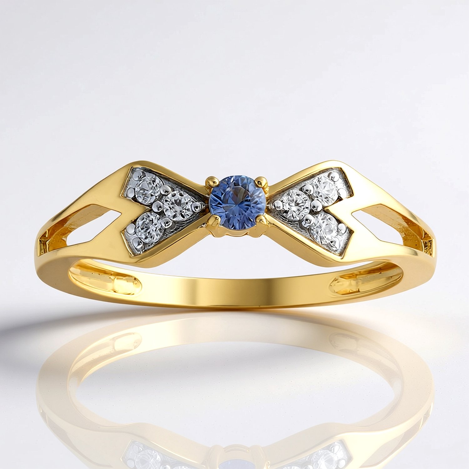 Cavill - Ring 375 Geelgoud - 0,077 ct Benitoiet Rondgeslepen - 6 Zirkonia 0,112 ct - Elegant Luxe Gouden Sieraad