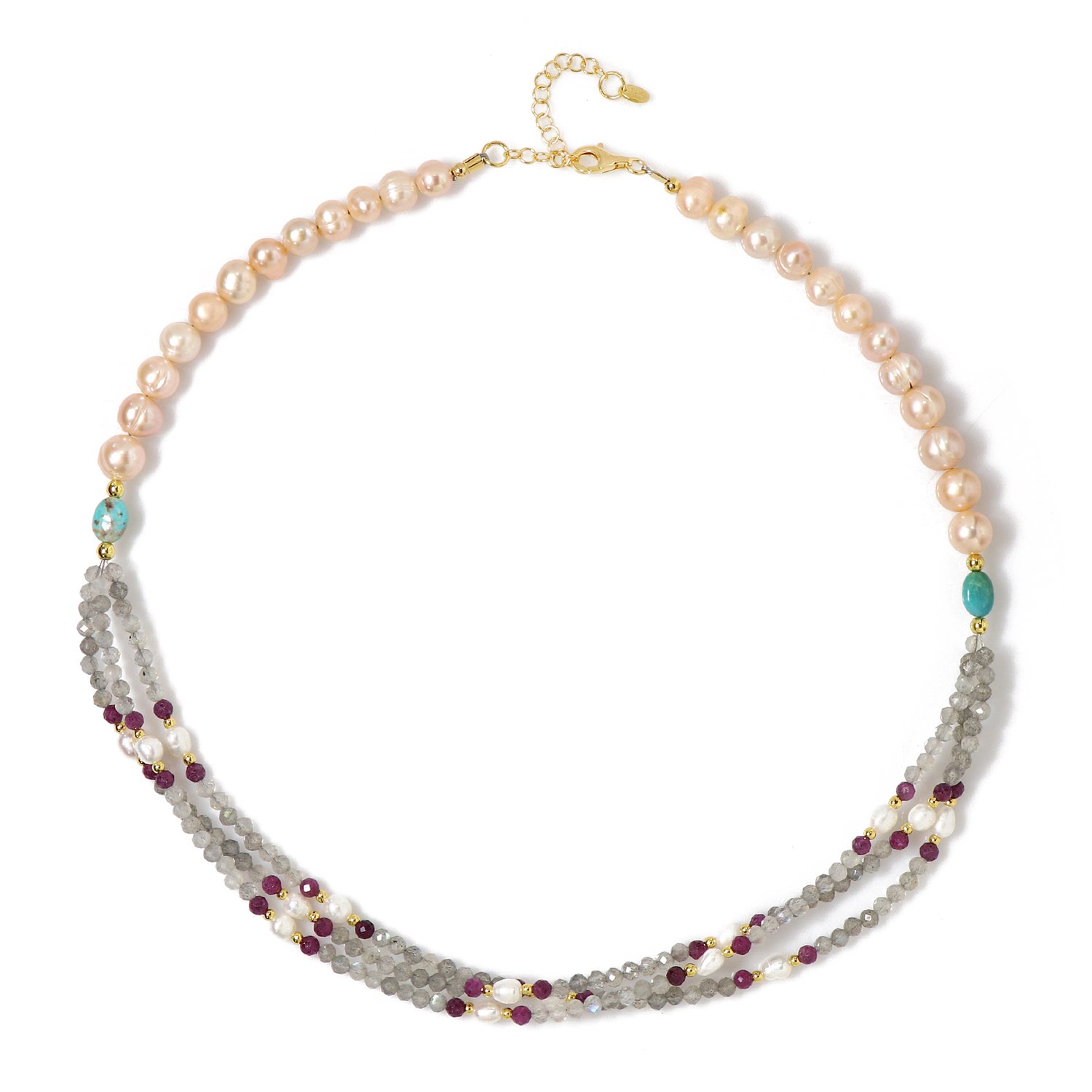 Cavill - Verstelbare Halsketting 925 Sterling Zilver Verguld - Labradoriet 25,94 ct - Turkoois & Robijn Parels - Elegante Sieraden