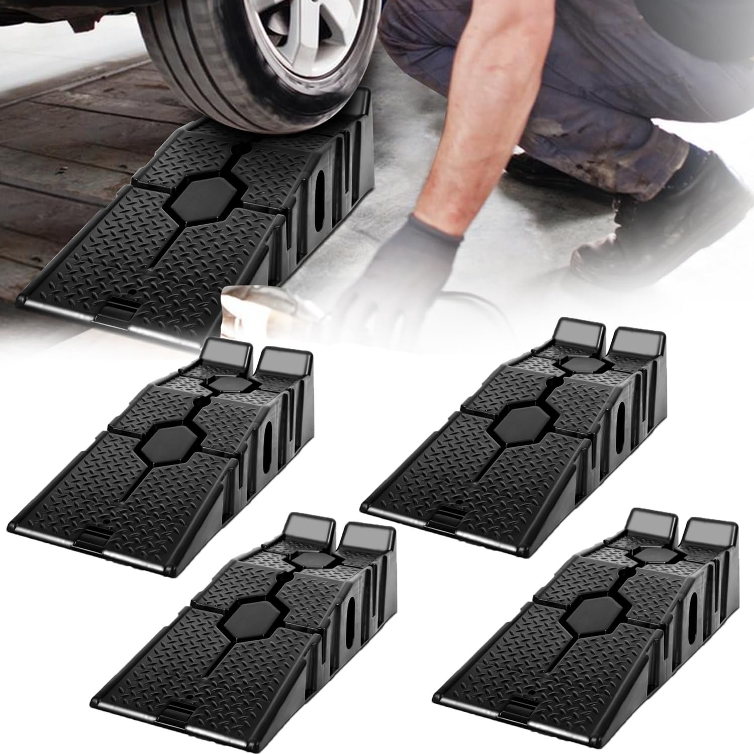 Oprijhelling Set Van 4 - Kunststof 3 Ton Draagvermogen - 90x33x23 cm - Zwart - Auto Accessoire