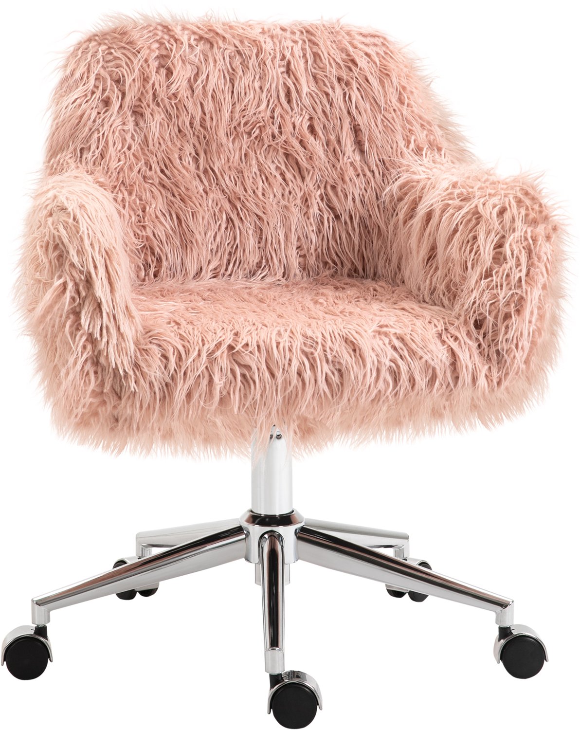 Vinona Bureaustoel - In hoogte verstelbaar - 360° draaibaar - Met kunstbont - 57 x 60 x 75-85 cm - Roze/Zilver