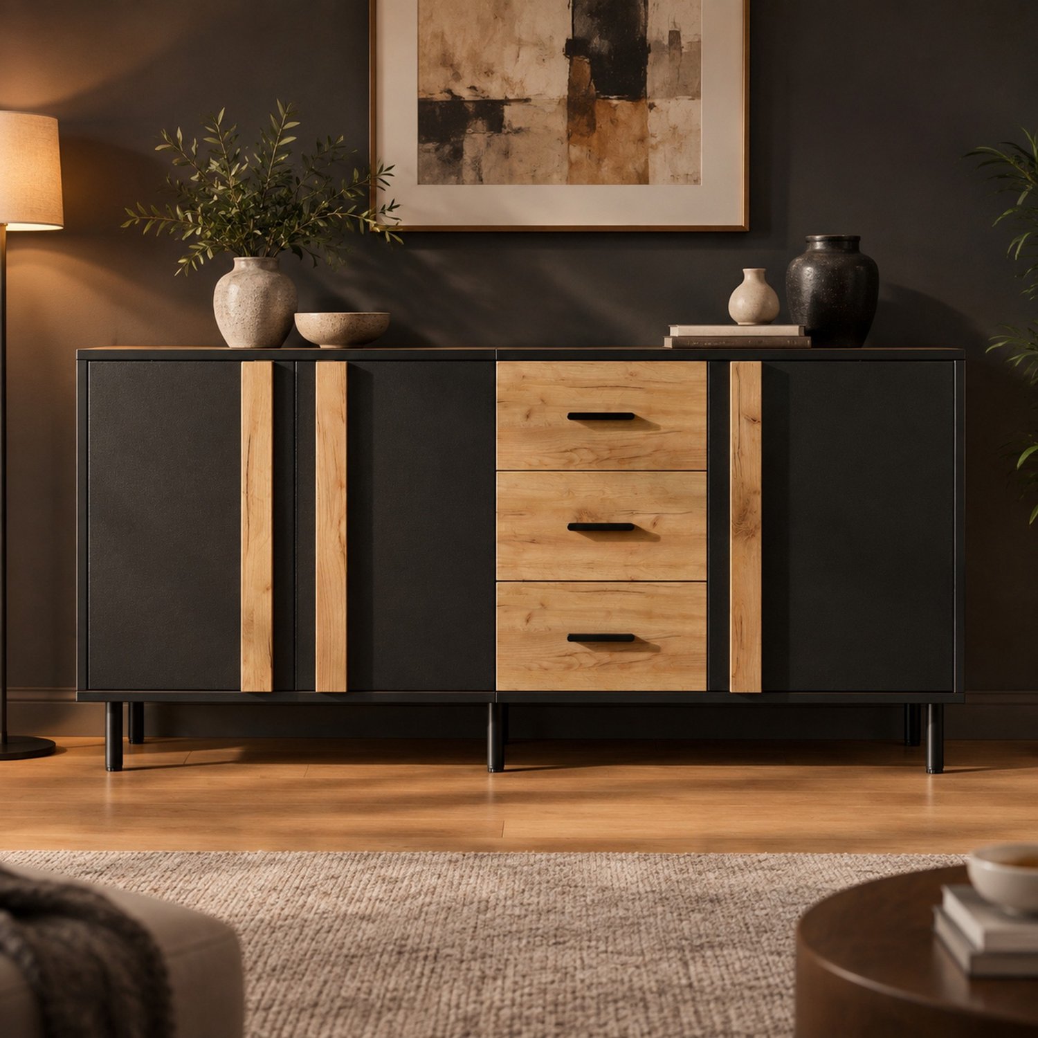 DESMIU Dressoir - 3 Deuren En 3 Lades Met Geruisloze Opening - Voor Woonkamer Eetkamer En Hal - MDF - 140x35x70 Cm - Zwart Houtkleur