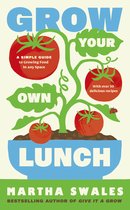 Boekomslag Grow Your Own Lunch met tomatenplant in een blauwe pot, inclusief recepten en een lieveheersbeestje.