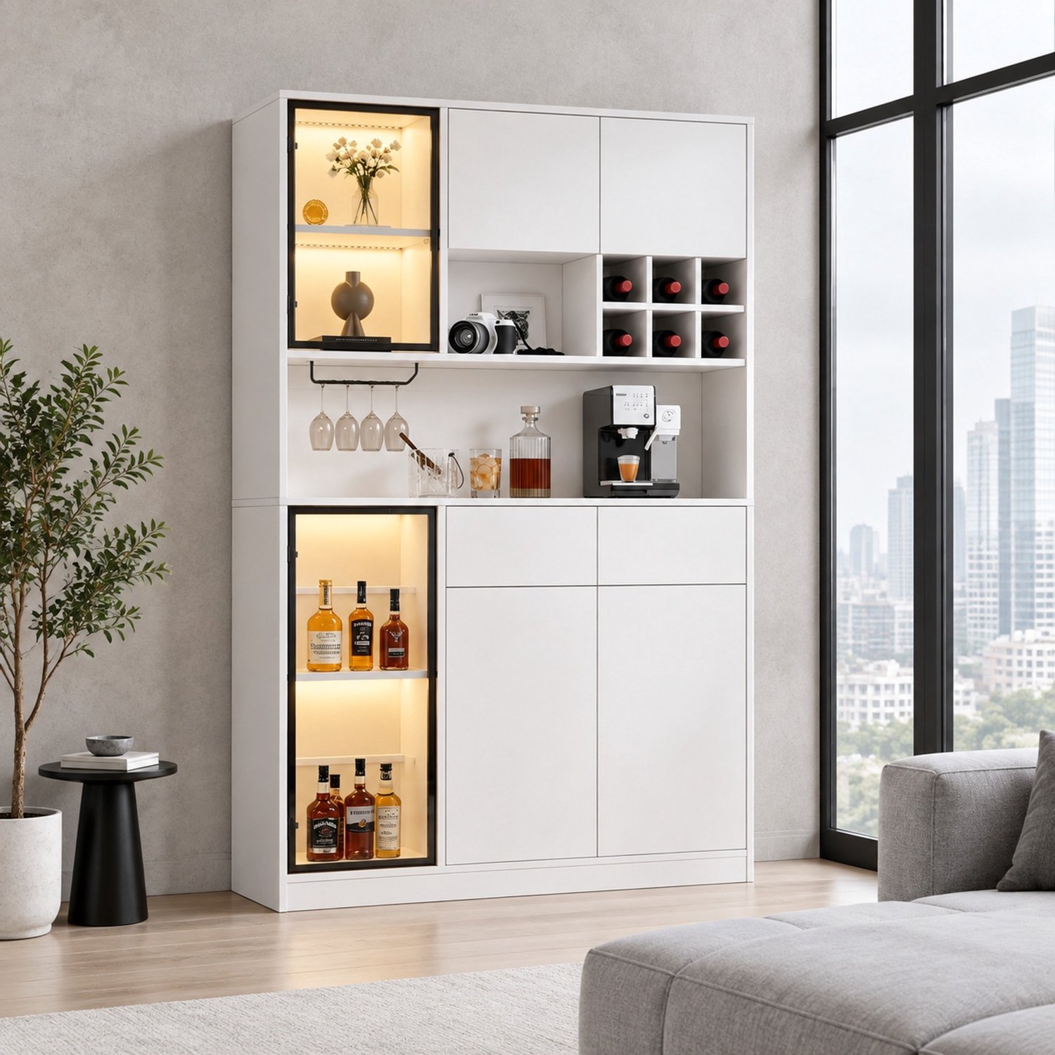 MODENUIT Vitrinekast - LED-Verlichting, 6 Deuren en 2 Lades - Voor Woon- en Eetkamer - Wit - 120x33x200 cm