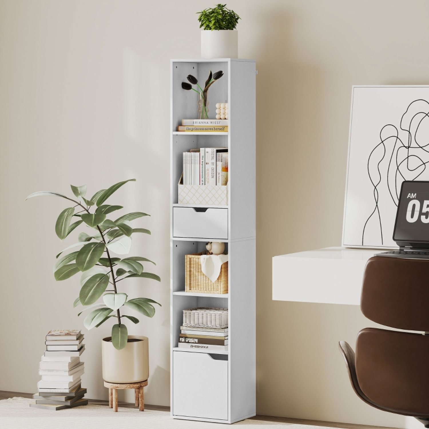 HAUSS SPOLE Boekenkast - 6 Niveaus Met Verstelbare Plank, Lade En Deur - Smal Voor Woonkamer Of Kantoor - Spaanplaat - 30x24x158 Cm - Wit