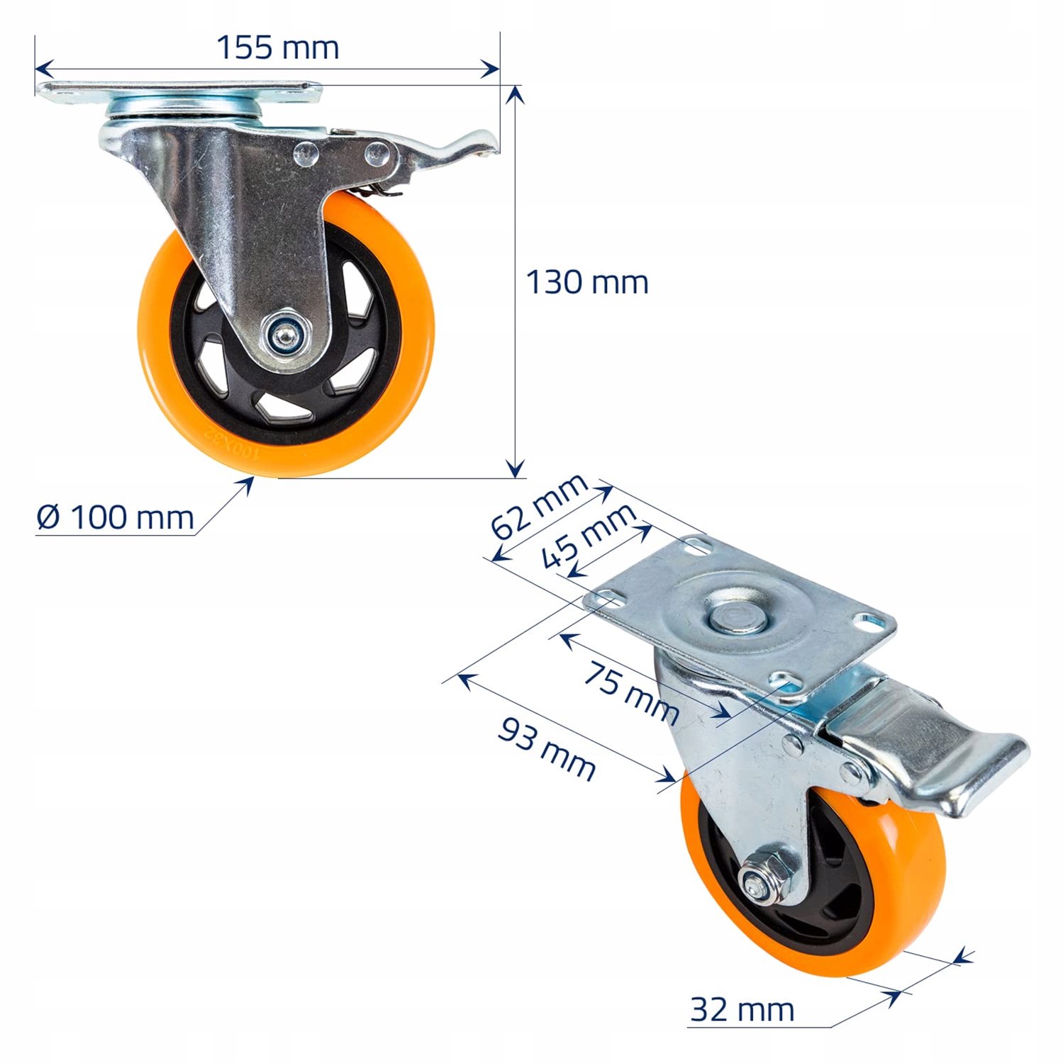4x Zwenkwielen met Rem - 100mm - 460kg Draagvermogen - Industrieel