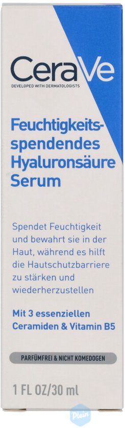 CeraVe Hydrating Hyaluronic Acid Serum verpakking, witte doos met blauwe en grijze opdruk, 'Feuchtigkeitsspendendes Hyaluronsäure Serum' tekst.