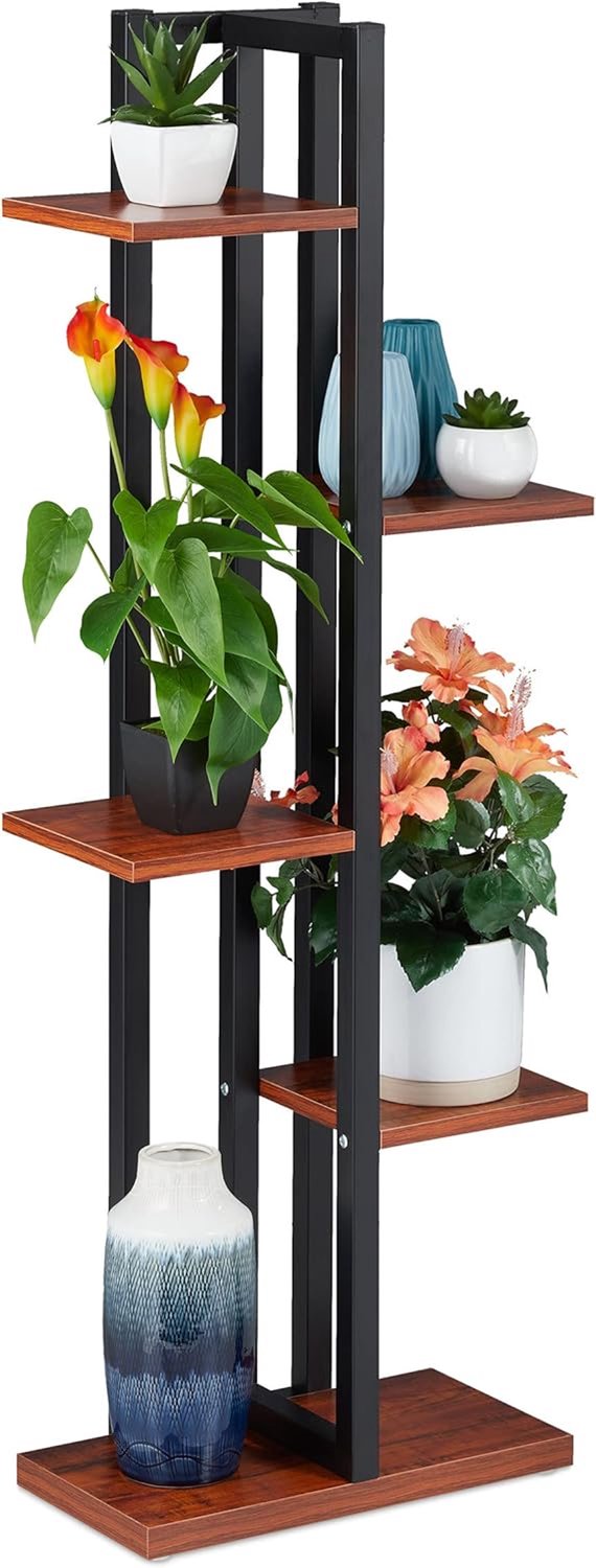 Famanu - Plantenrek met 5 Etages - Creëert extra opbergruimte voor planten - Stevig staal en MDF - Donkerbruin