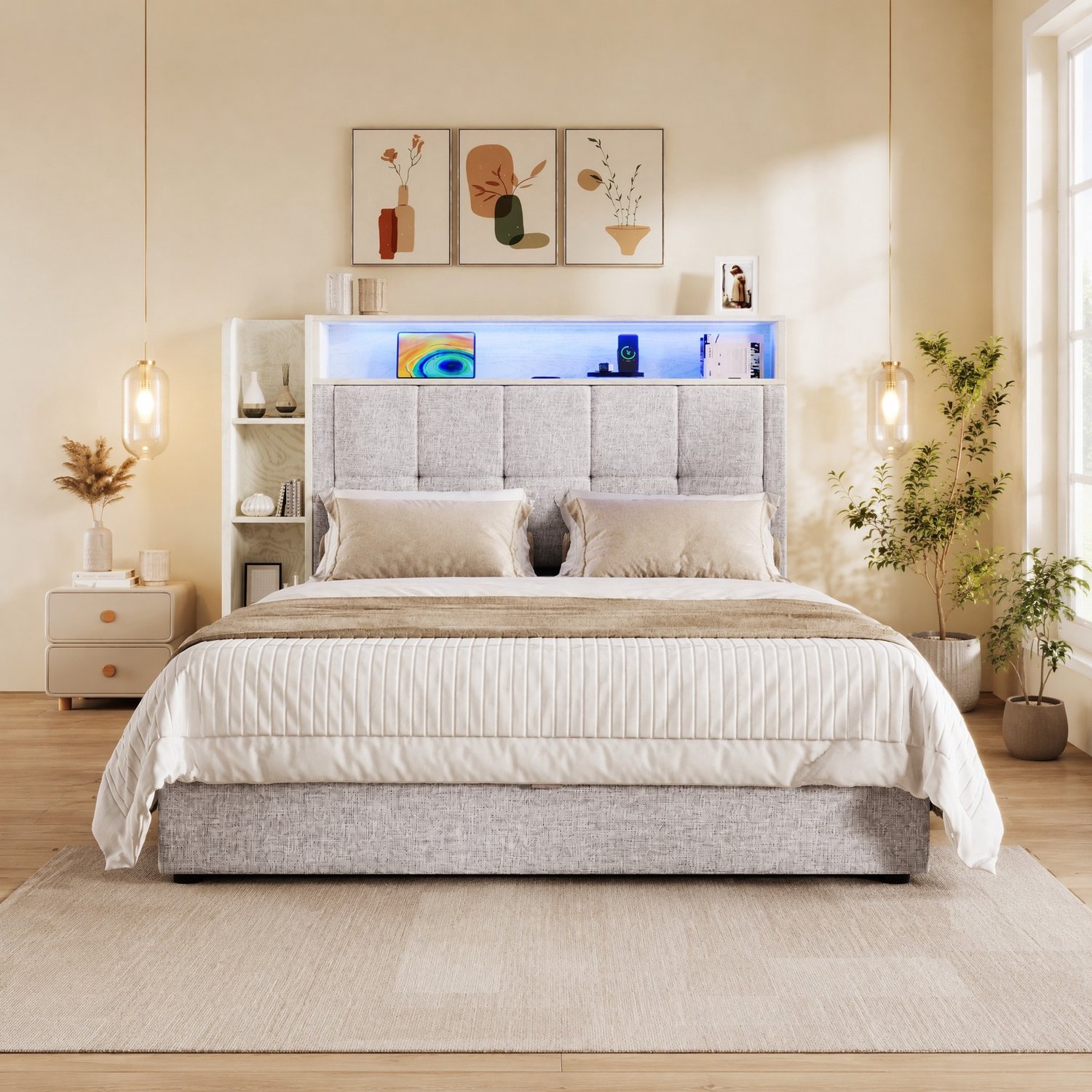 STILVORA Gestoffeerd bed 90x200 cm – Eenpersoonsbed USB/Type-C – Hydraulische Opbergruimte – LED App/Touch – Linnen,MDF – Beige – Zonder matras