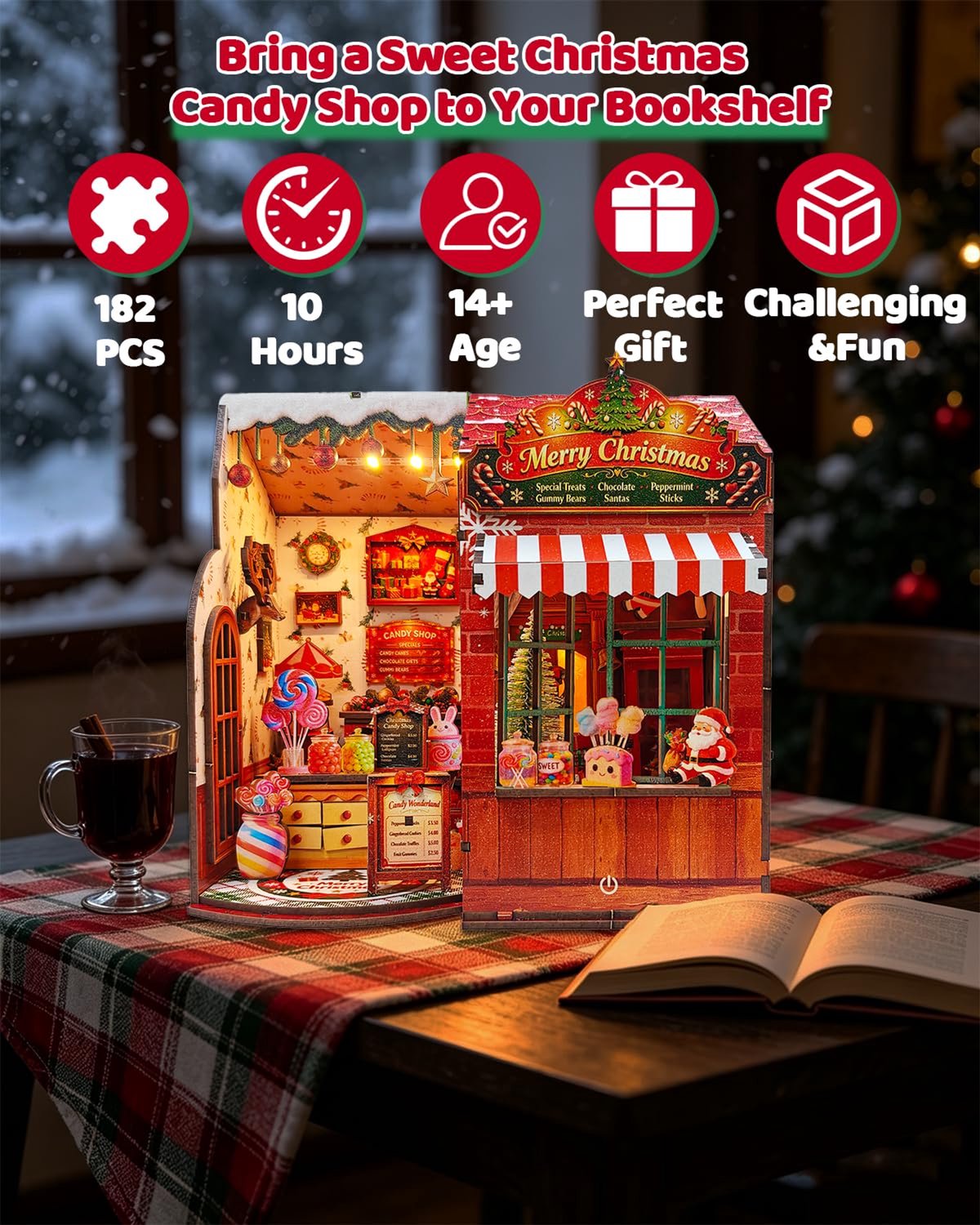 Namajunas - DIY Miniatuur Kerst Snoepwinkel - Houten Bouwpakket met LED Touchlamp - 3D Houten Puzzel, Kerstdecoratie, Cadeau voor Volwassenen en Jongeren - Hobby - Tafel en Boekenplank Decor - Modelbouw - Miniatuur - Knutselen – foto 4