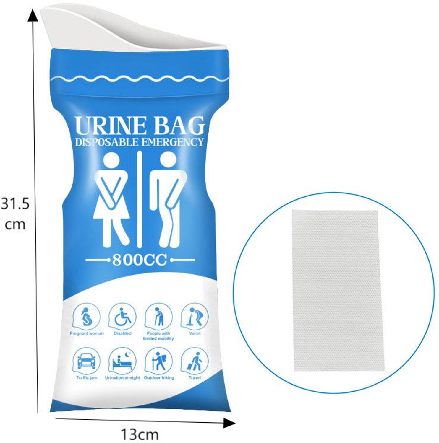 Wegwerp Plaszakken Set van 20 Stuks - 800 ml Draagbaar Noodtoilet voor Auto & Buiten - Met Absorberend Kussen - Nood Plaskotje bij File, Kamperen, Zwangerschap & Reizen
