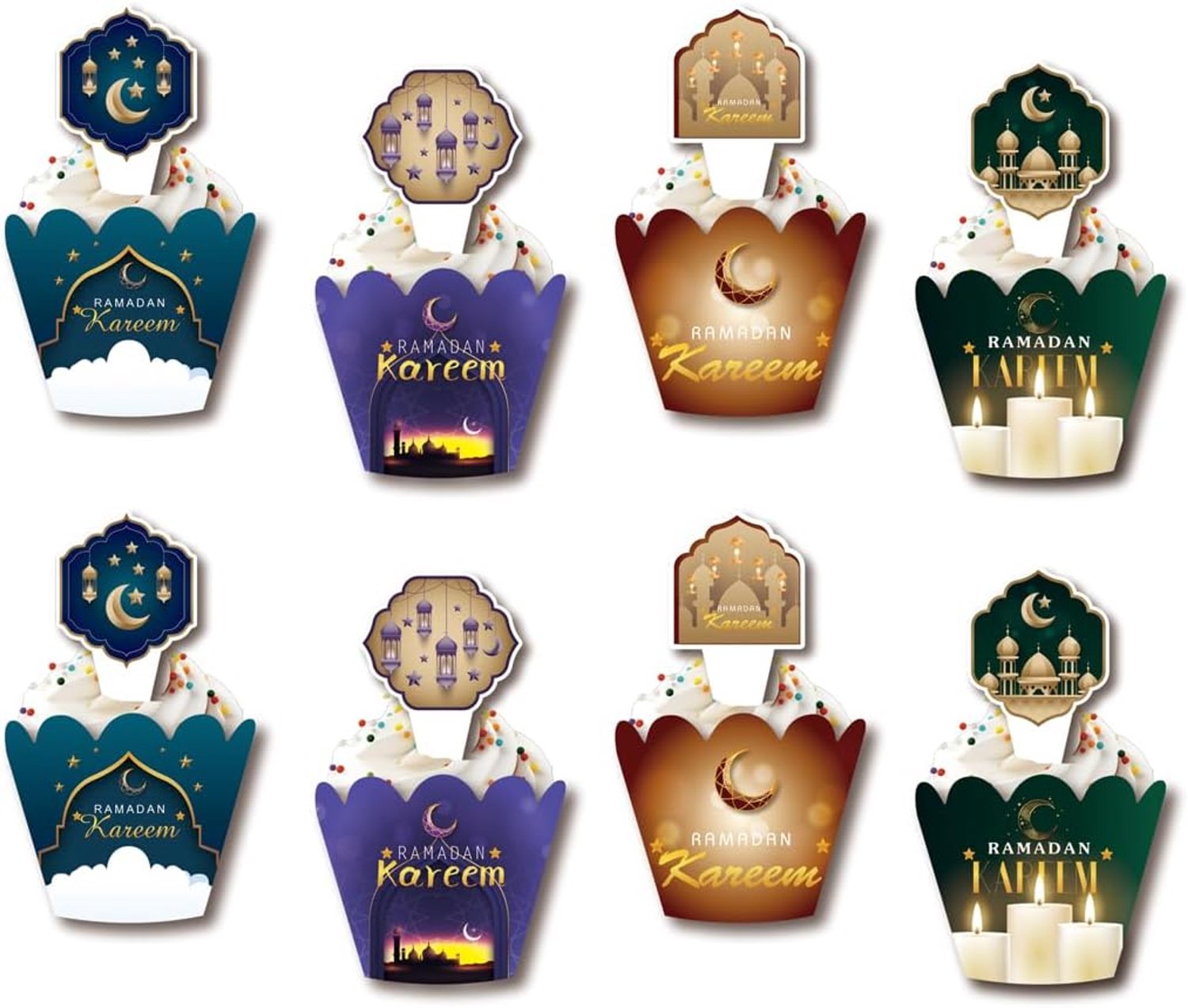 Famanu – 24 Sets Ramadan Cupcake Toppers en Wikkels – Maan- -Ster- en Moskee Decoratie met Eid Mubarak Thema