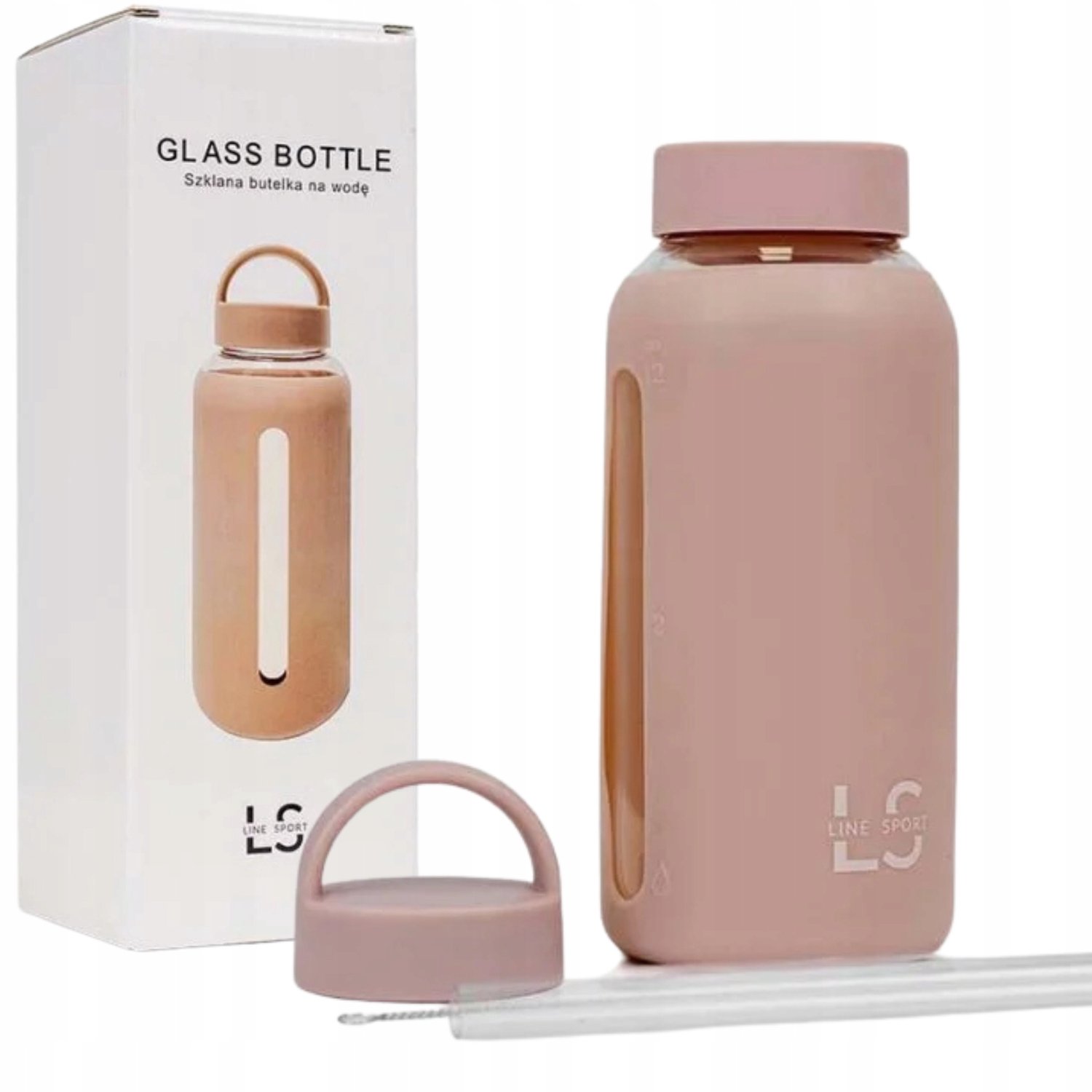 Line Sport Glazen Waterfles 800ml Roze met 2 Doppen & Sleeve