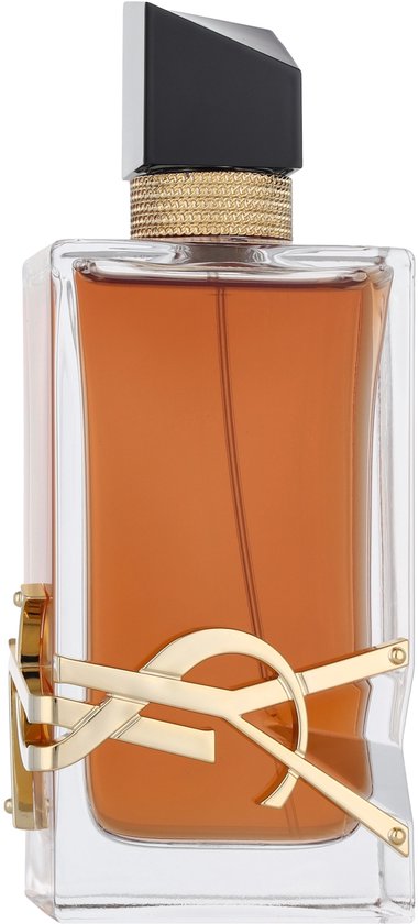 Amberkleurig parfum in een glazen flacon met het iconische gouden YSL-logo en een asymmetrische zwarte dop.