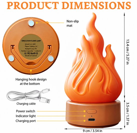 Vlammen Nachtlamp - Oplaadbare LED Sfeerlamp - 3D Vlammensimulatie en 3 Lichtmodi - Draagbare Decoratieve Vlam Lamp voor Binnen en Buiten - Oranje kleur van Bobypet — afbeelding 2