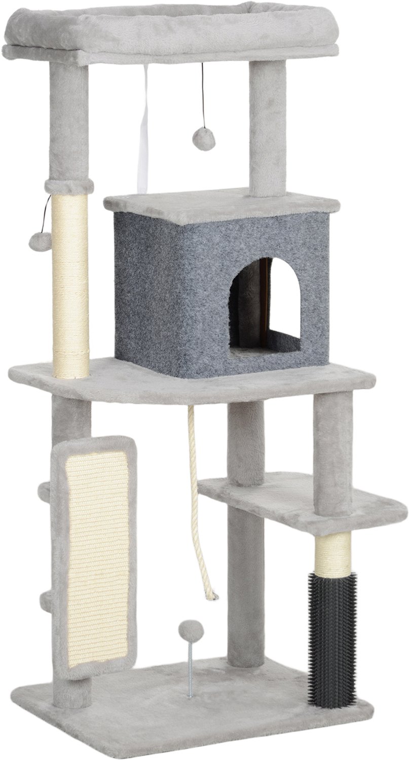 Pawona Krabpaal met kattenhuis en ligbed - Met krabpalen, platforms en verzorgingsborstel - 55 x 44 x 132 cm - Lichtgrijs/Crèmewit