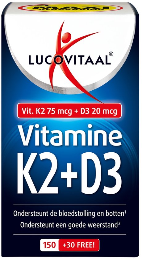Verpakking Lucovitaal Vitamine K2+D3, donkerblauw met rode accenten, 180 capsules + 30 gratis.