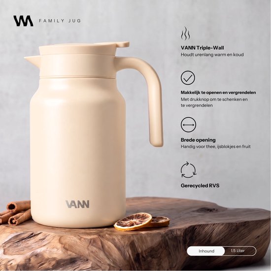 VANN® 3-wandige RVS Thermoskan 1.5L – Isoleerkan – Schenkkan met Drukknop – Voor Koffie, Thee, IJswater & Meer – VANN® Family Jug – Peach Stone — cadeau in Koken & Dineren - foto 2
