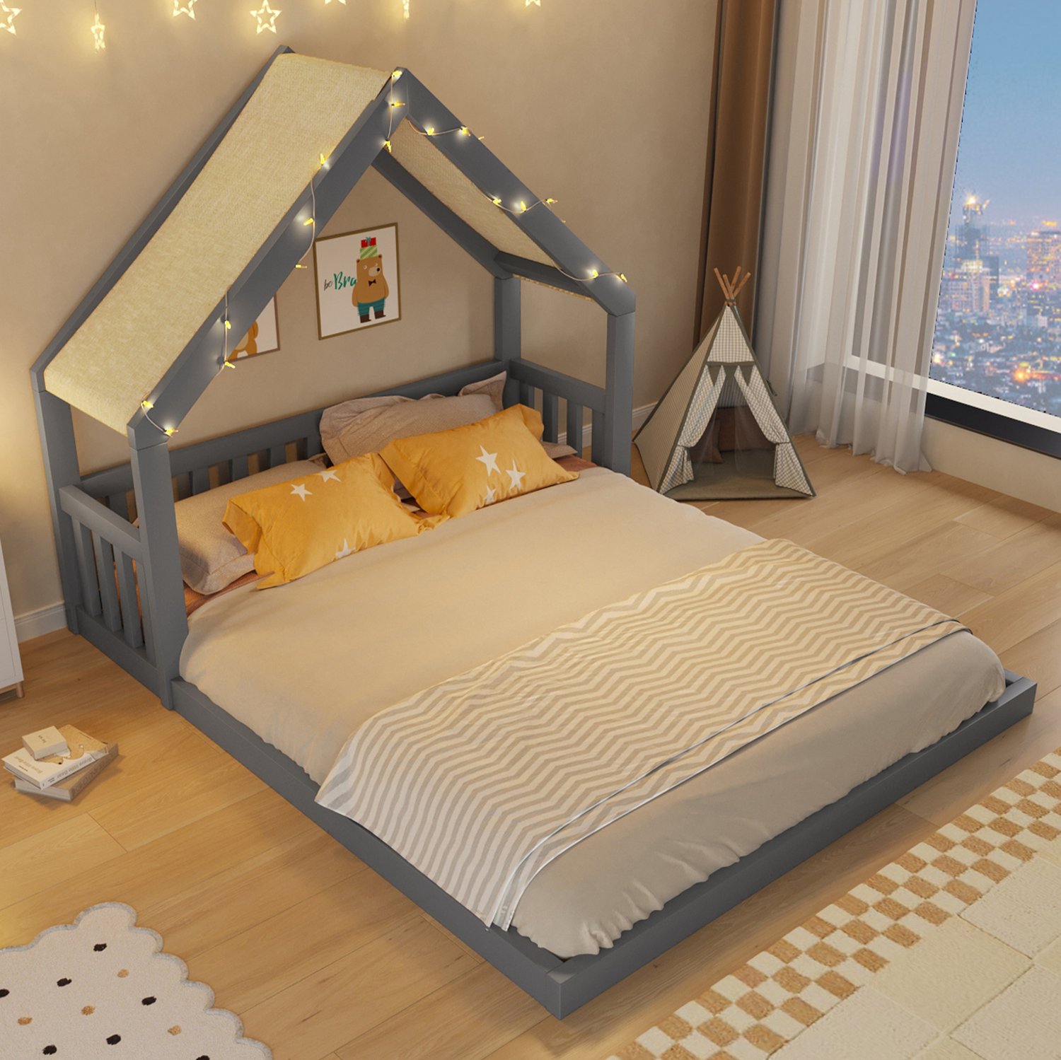 OKWISH Huisbed 140 x 200 cm - Houten Kinderbed met Stoffen Dak en Lichtslinger - Met Lattenbodem - voor Kinderkamer - Zonder Matras - Grijs
