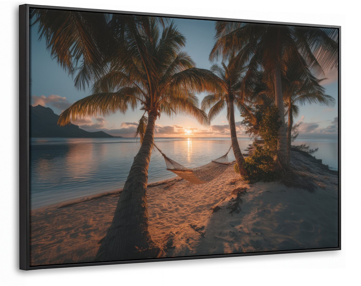 Canvas Schilderij met Baklijst XXL Canvas Schilderij met Baklijst 150x100cm - Palmbomen - Hangmat - Strand - Zonsondergang - Muurdecoratie woonkamer - Slaapkamer decoratie - Kamer accessoires - Schilderijen op canvas met lijst groot