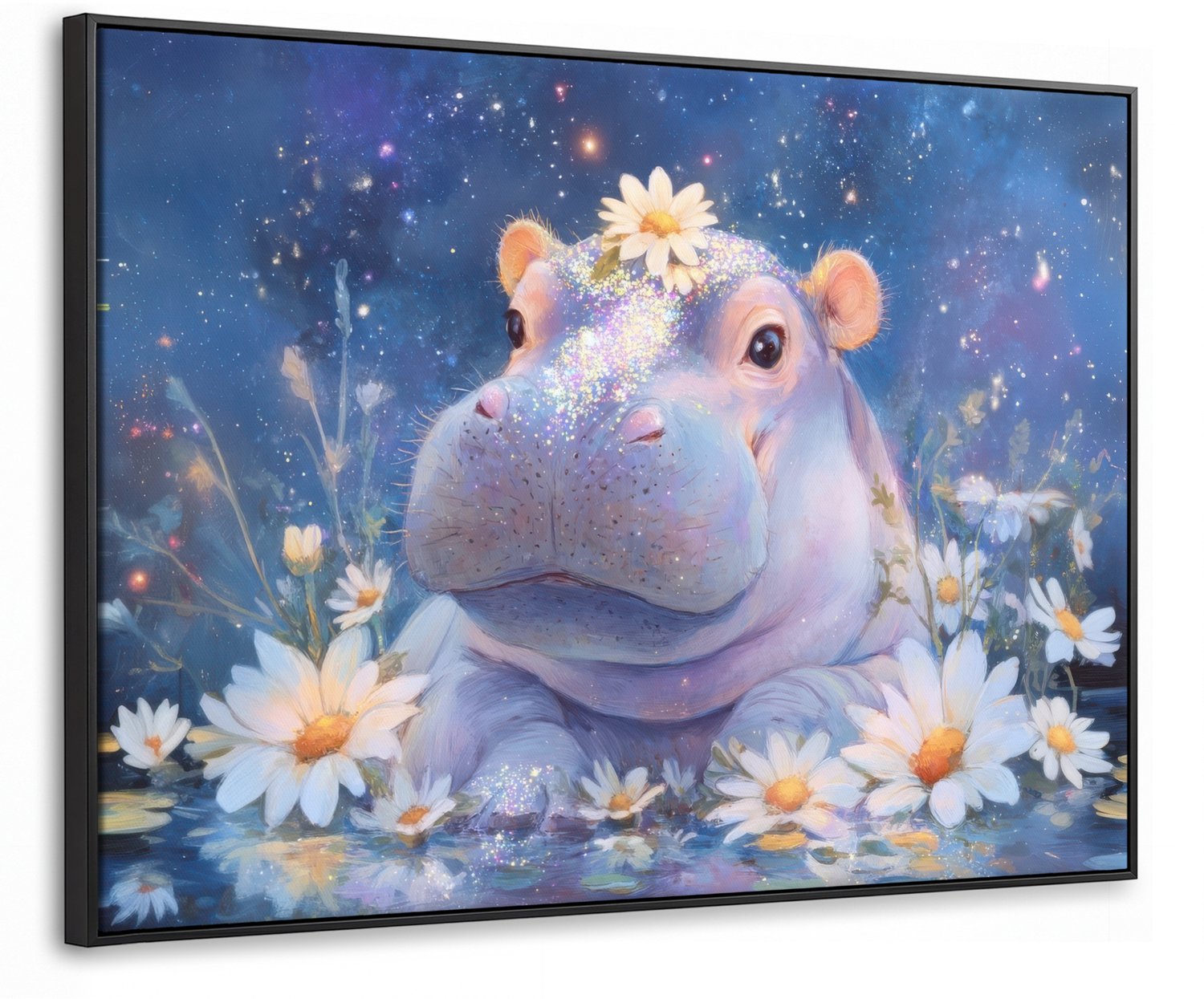 Canvas Schilderij met Baklijst 100x70cm - Nijlpaard - Madeliefjes - Sterrenhemel - Muurdecoratie woonkamer - Slaapkamer decoratie - Kamer accessoires - Schilderijen op canvas met lijst