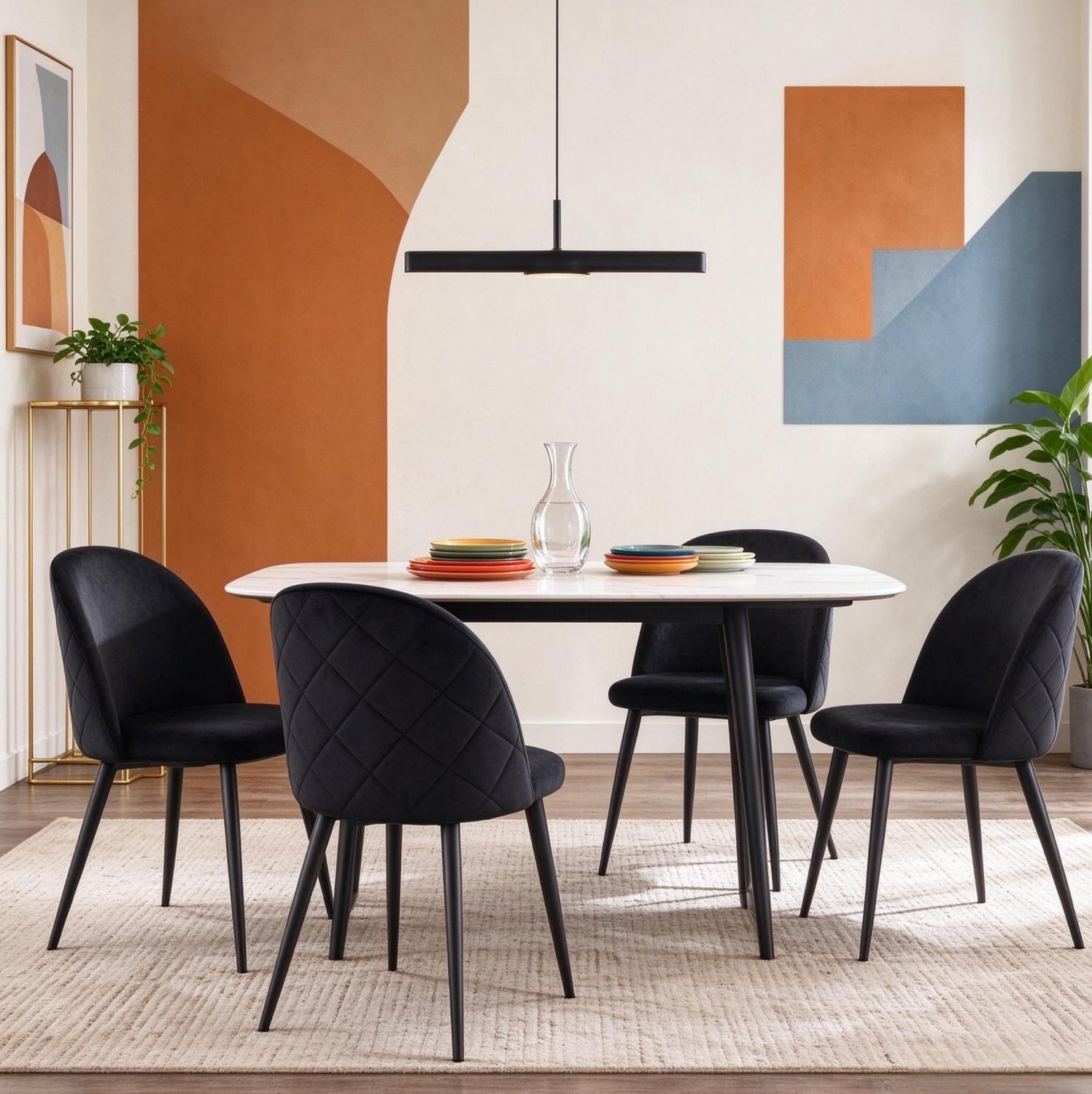 DESMIU Eetkamerstoelen 48 x 47,5 x 80 cm - Set van 4 met Gebogen Rugleuning en Zachte Zitting - Voor Eetkamer en Keuken - Fluweel en Metaal - Zwart