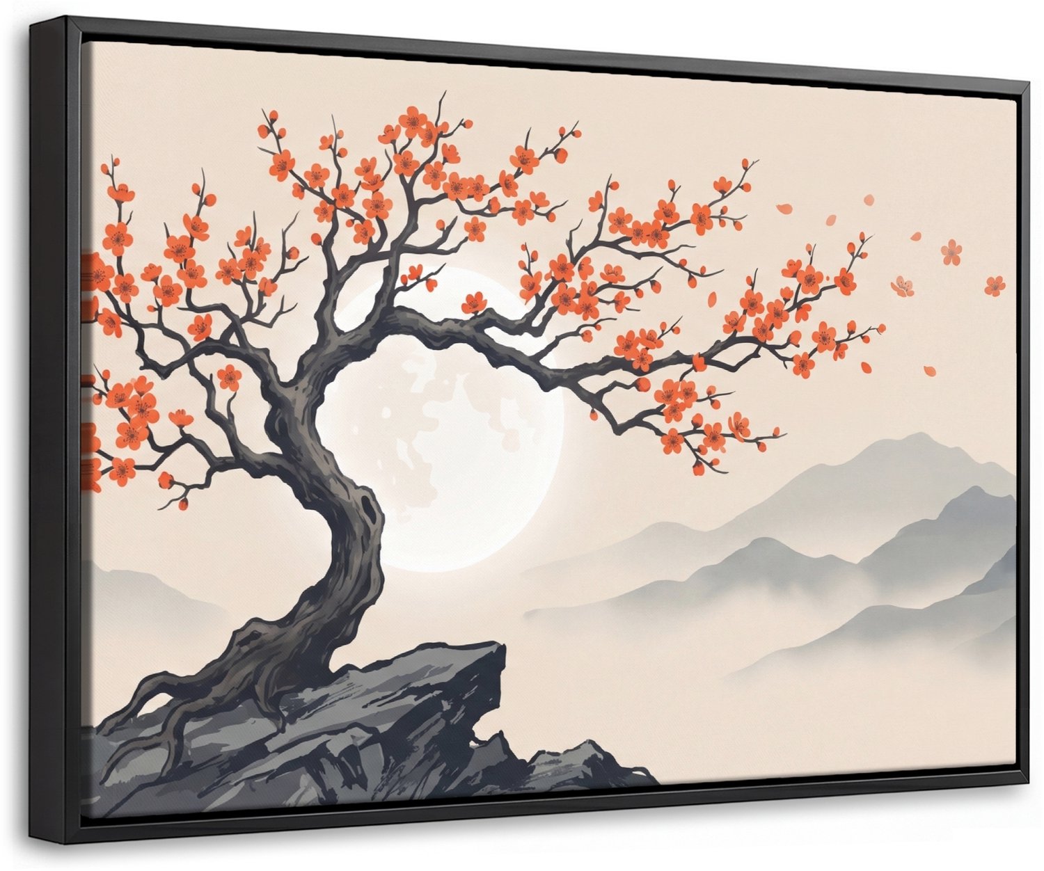 Canvas Schilderij met Baklijst 60x40cm - Aziatisch - Bloesem - Rood - Muurdecoratie woonkamer - Slaapkamer decoratie - Kamer accessoires - Schilderijen op canvas met lijst