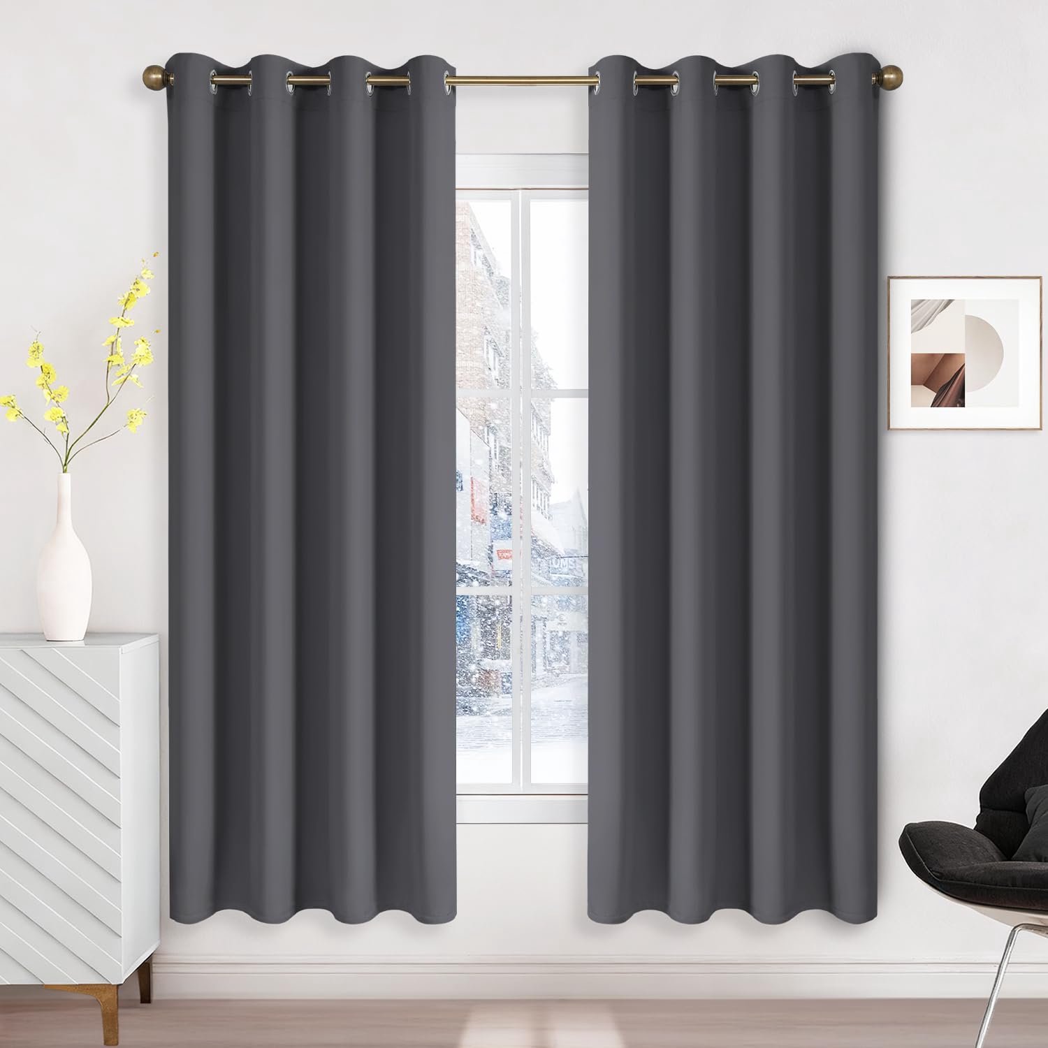Famanu Thermisch isolerend verduisterend gordijn set van 2 stuks, 140x175 cm, met ogen, voor effectieve warmte- geluidsisolatie in huis, perfect voor slaapkamers en woonkamers Grijs