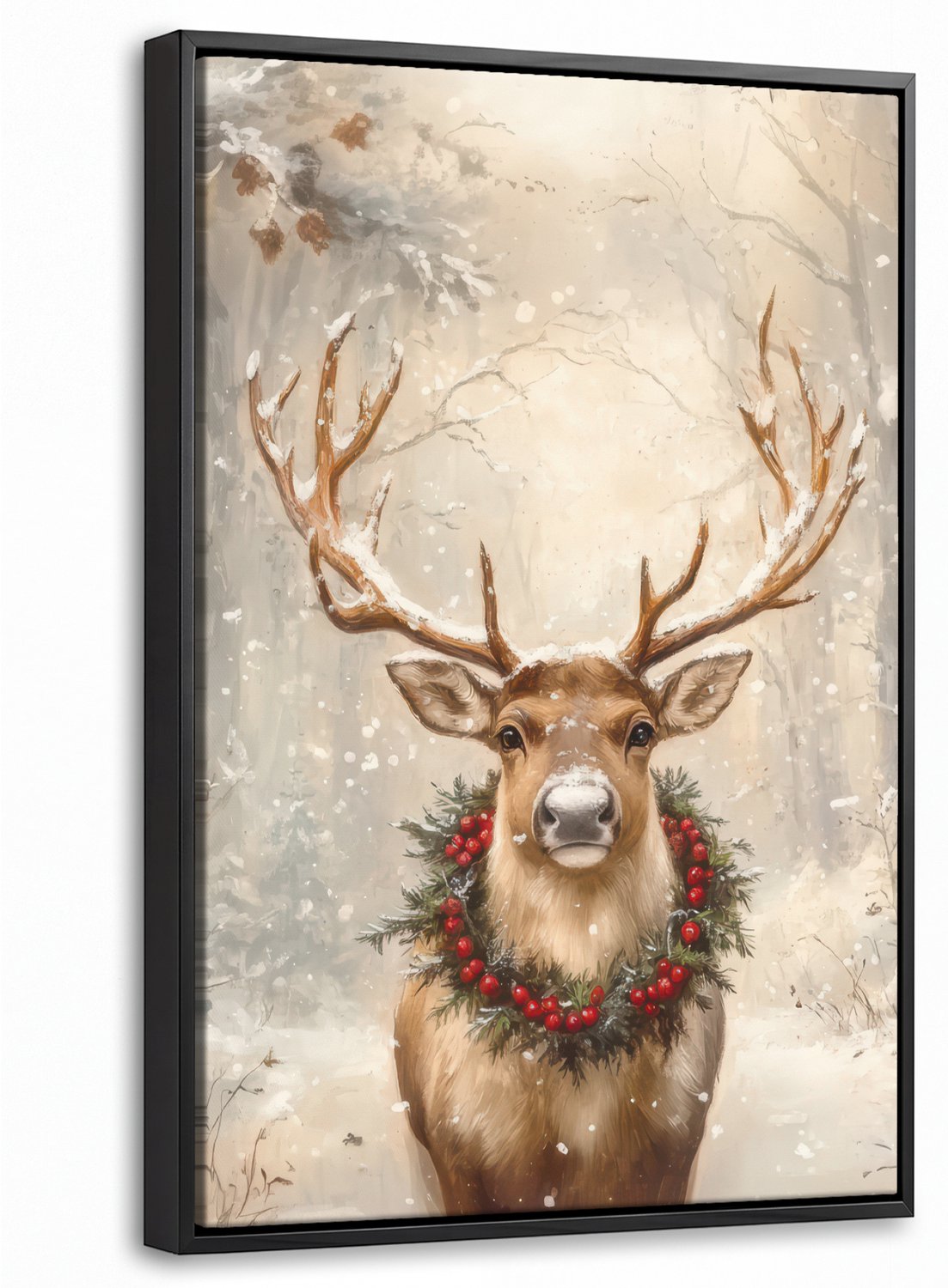 Canvas Schilderij met Baklijst 40x60cm - Kerst - Rendier - Winter - Krans - Muurdecoratie woonkamer - Slaapkamer decoratie - Kamer accessoires - Schilderijen op canvas met lijst