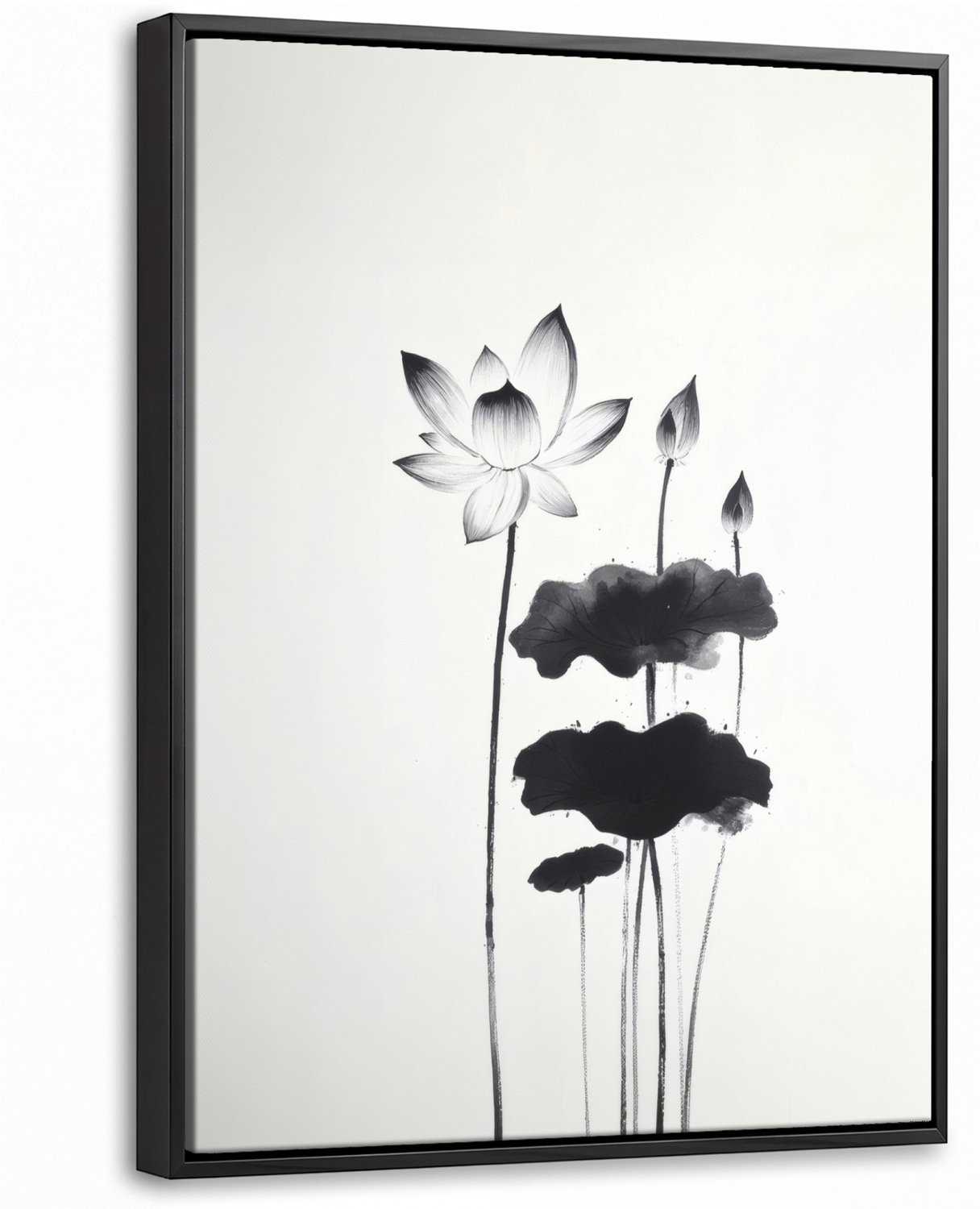 Canvas Schilderij met Baklijst 30x40cm - Bladeren - Zwart - Lotusbloem - Minimalitisch - Muurdecoratie woonkamer - Slaapkamer decoratie - Kamer accessoires - Schilderijen op canvas met lijst