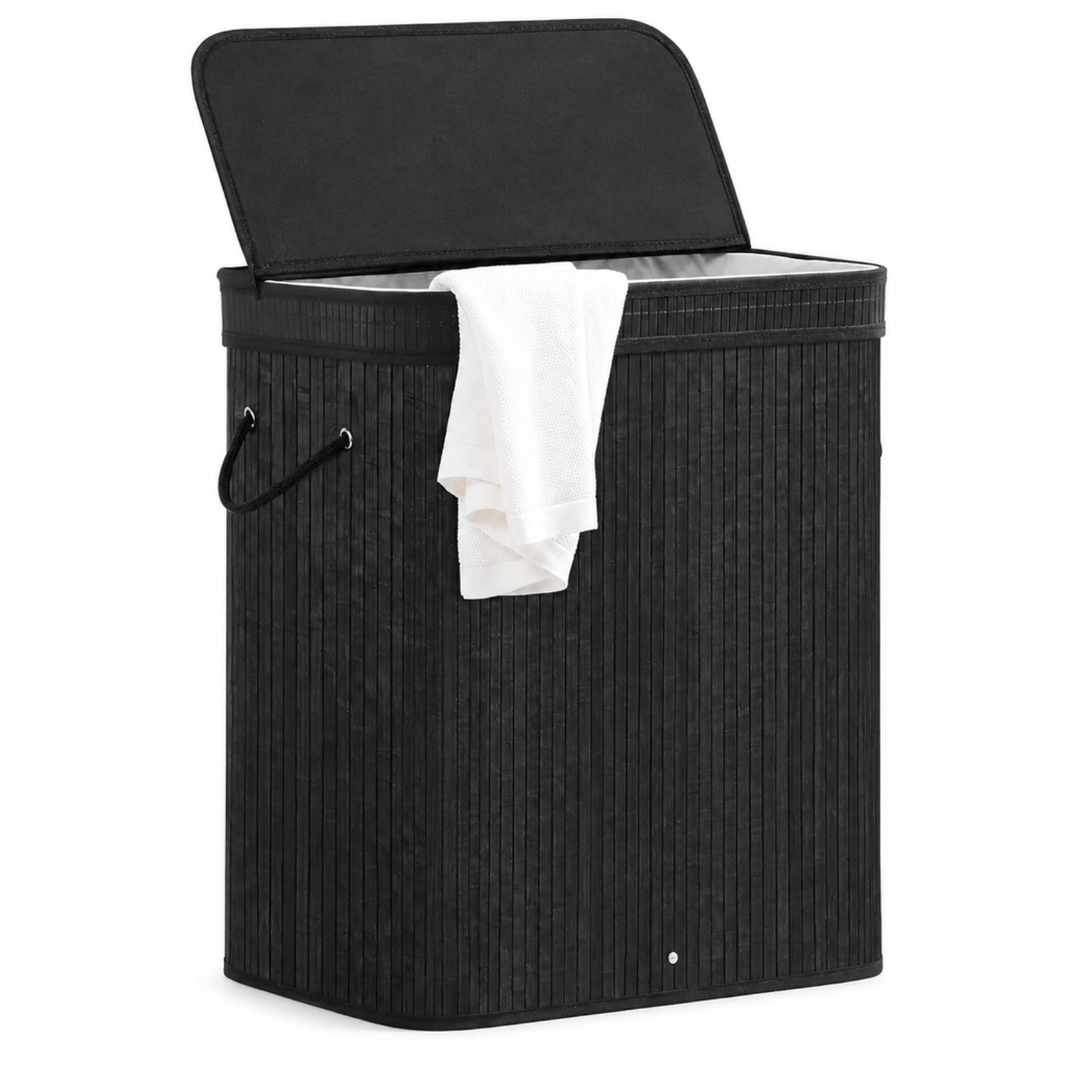 Zwarte opvouwbare bamboe wasmand met deksel en zijhandgreep, 21,5 x 13,6 x 24 cm