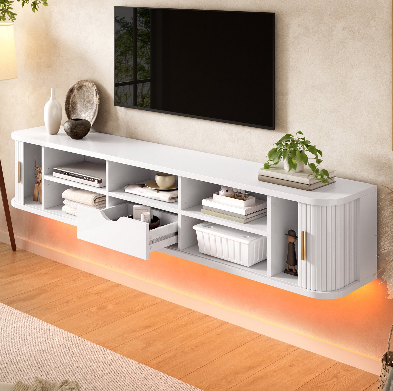 OKWISH Wandhangend Tv-Meubel - 2 Schuifdeuren, Lade En Verstelbare Planken - Ledverlichting Voor De Woonkamer - Wit MDF - 175 × 30 × 30 cm