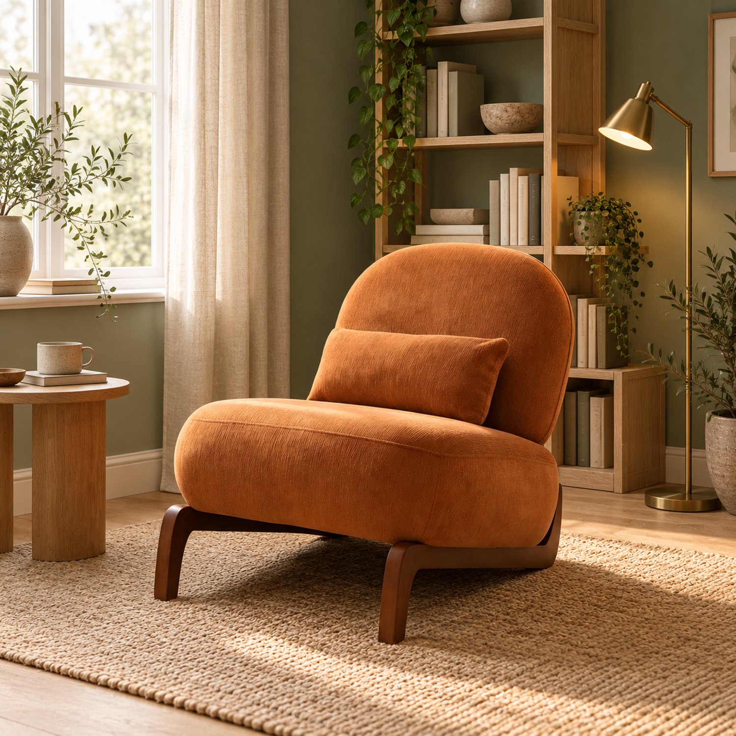 Mulder Living Fauteuil - Relaxfauteuil - Leesstoel zonder armleuningen - Comfortabele TV-stoel - Massief houten stoelpoten - Inclusief zitkussen - Zachte stof - Geschikt voor de woonkamer, slaapkame - Karamelkleur