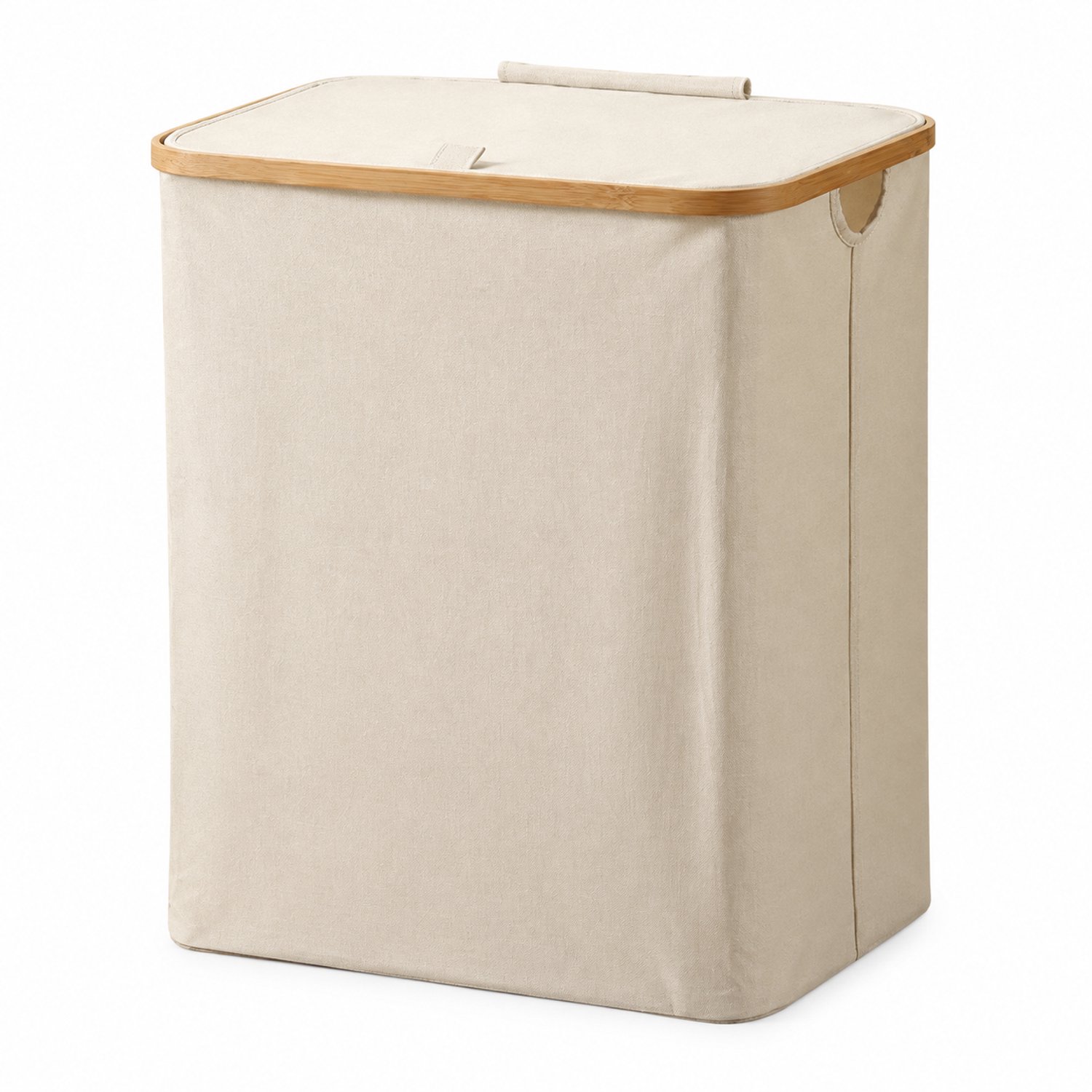 Beige wasmand met deksel, extra groot 45 x 35 x 49 cm, 600D oxfordstof met bamboerand