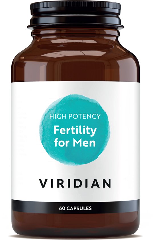 Bruine fles Viridian supplement met wit etiket, turkoois cirkel en tekst: High Potency Fertility for Men, 60 capsules.