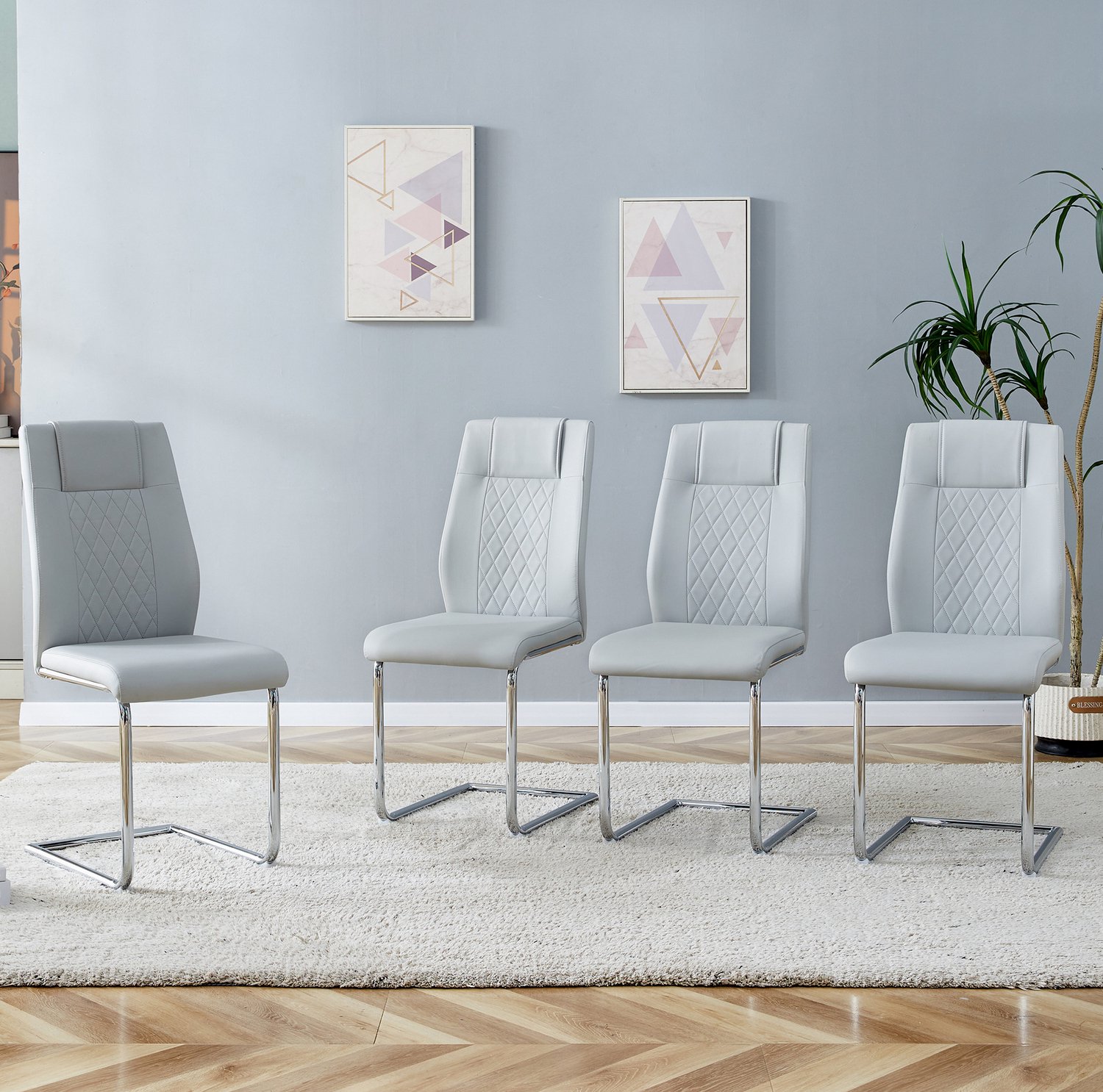 DESMIU Eetkamerstoelen Set van 4 - Ergonomische Rugleuning en Antislipvoetjes - Voor Eetkamer - Kunstleer en Metaal - Lichtgrijs en Zilver