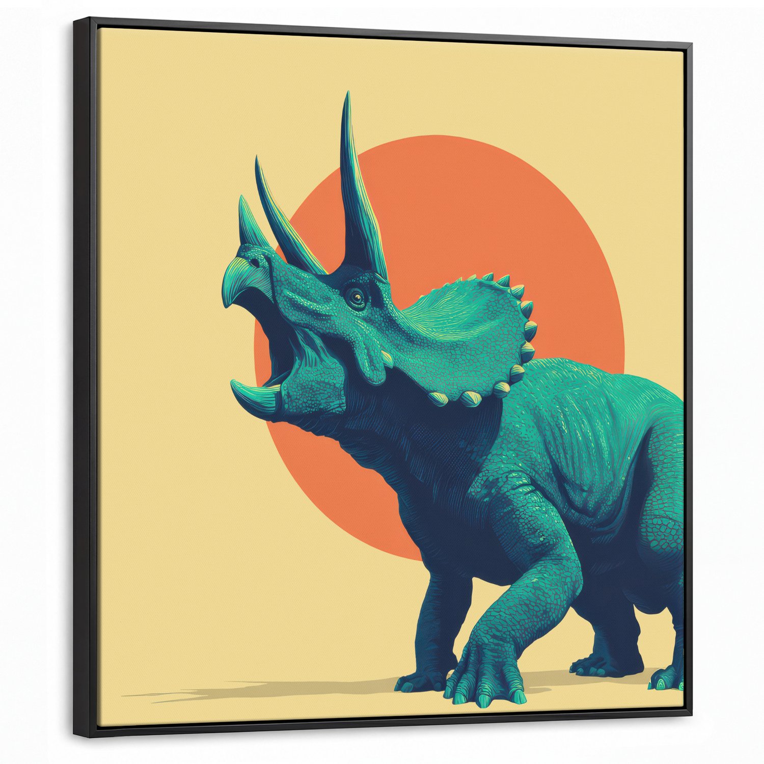 Canvas Schilderij met Baklijst 90x90cm - Triceratops - Cirkel - Oranje - Hoorns - Muurdecoratie woonkamer - Slaapkamer decoratie - Kamer accessoires - Schilderijen op canvas met lijst