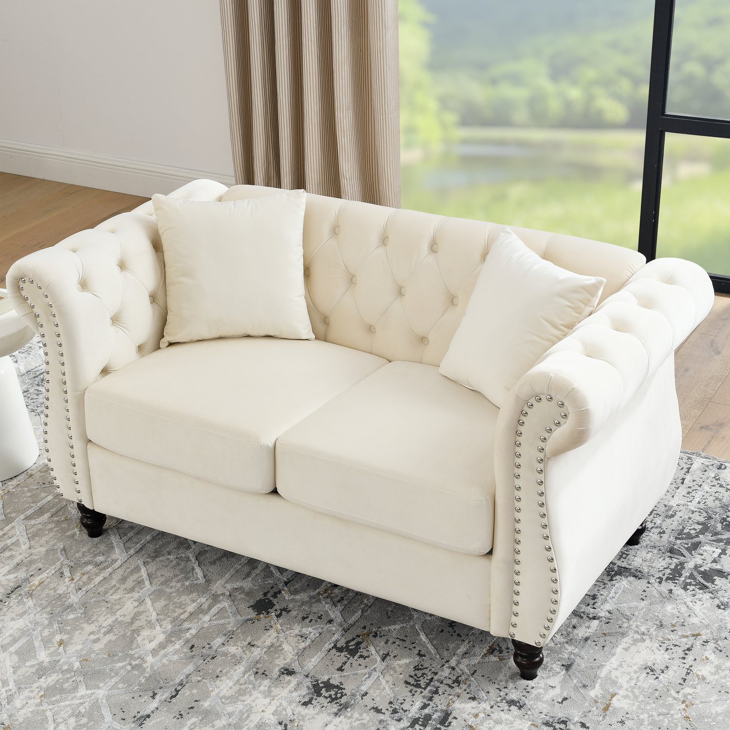DESMIU Chesterfield Bank 148 x 73,6 x 78 cm - 2 Zitplaatsen met Gecapitonneerde Rugleuning en Gebogen Armleuningen - Voor Woonkamer - Fluweel - Beige
