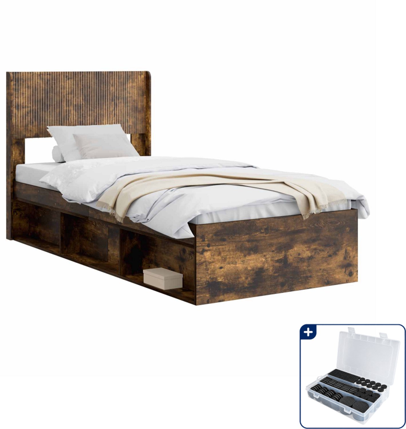 vidaXL bedframe - 90 x 200 cm - bewerkt hout - gerookt eiken - Inclusief antikrasvilt 177-delig Bruin