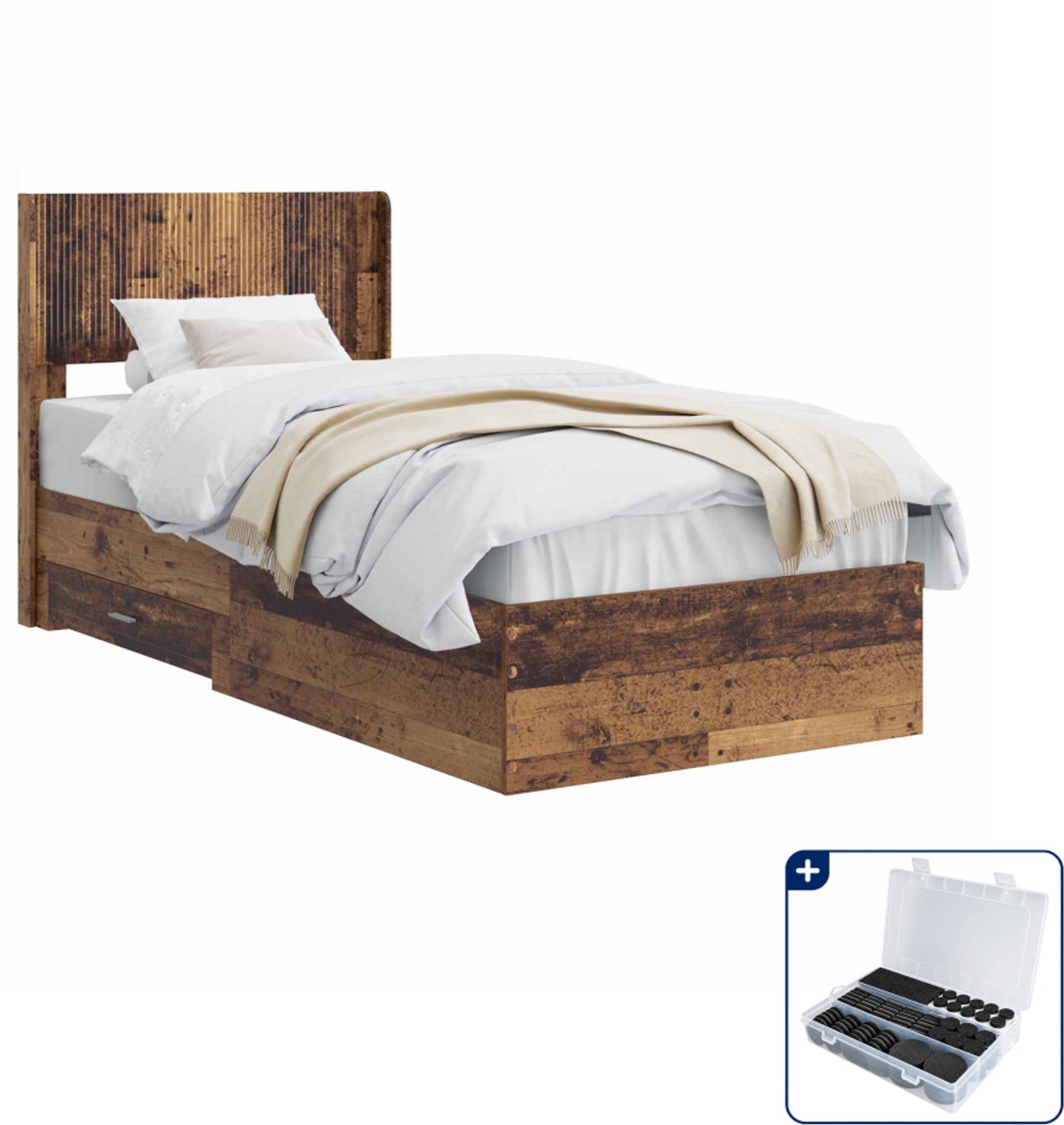 vidaXL bedframe met opbergruimte - 100 x 200 cm - oud hout - Inclusief antikrasvilt 177-delig Bruin