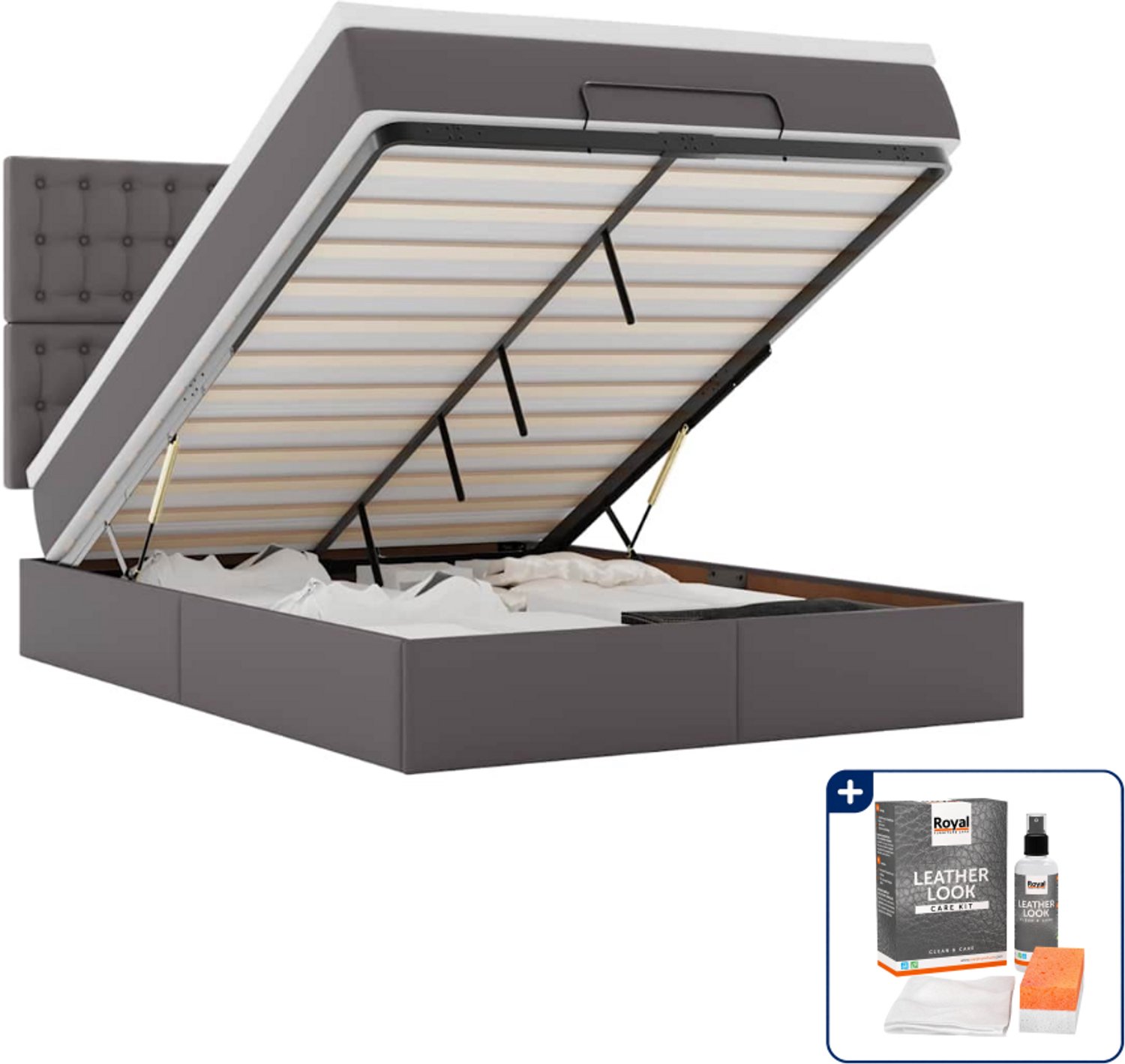 vidaXL ottoman bed met matras - Small double - 140 x 200 cm - grijs - Inclusief onderhoudsset voor kunstleer 150 ml