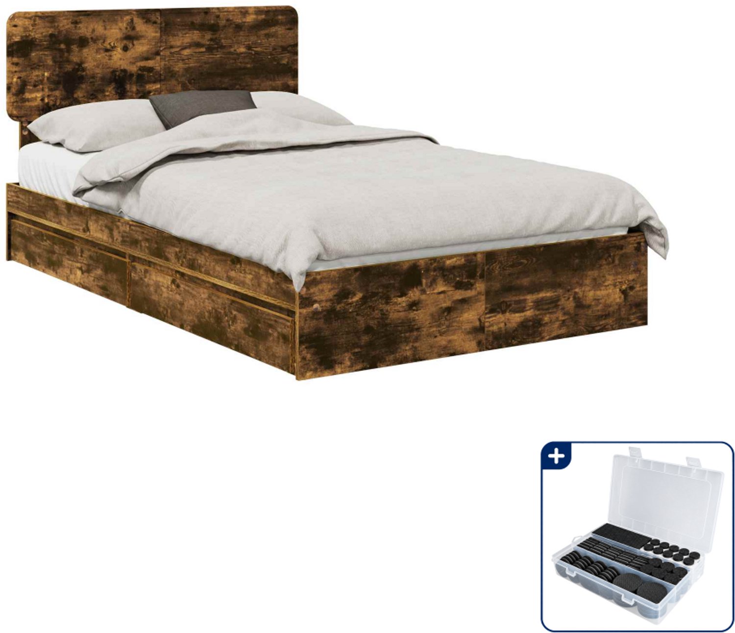 vidaXL opbergbed - 135 x 190 cm - bewerkt hout - gerookt eiken - Inclusief antikrasvilt 177-delig Grijs