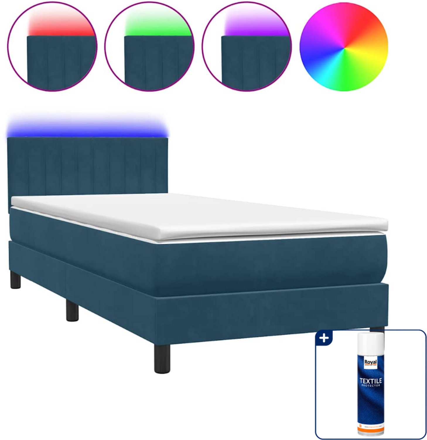vidaXL boxspring met matras en LED - 80 x 220 cm - fluweel - donkerblauw - Inclusief textielbeschermer 500 ml Bruin