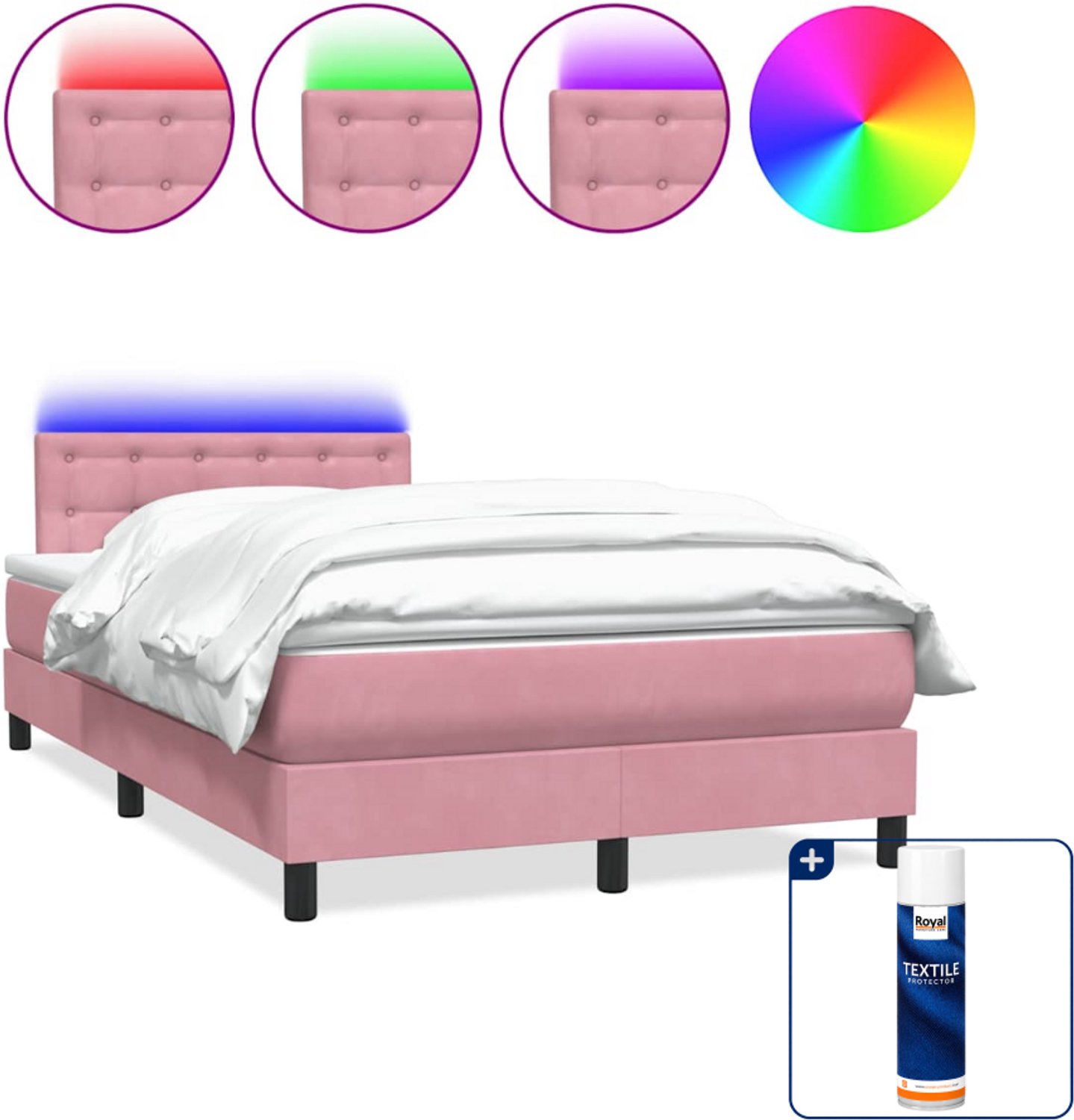 vidaXL boxspring met matras en led - 120 x 220 cm - fluweel - roze - Inclusief textielbeschermer 500 ml Wit