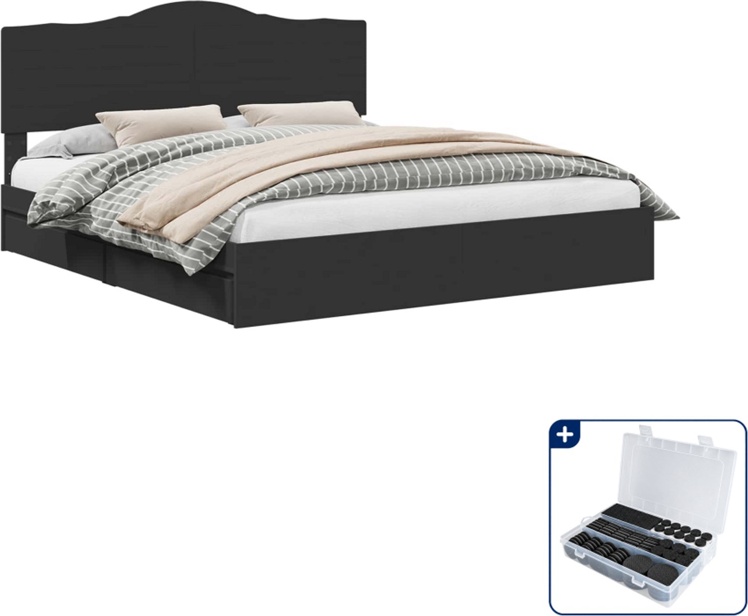 vidaXL opbergbed - 200 x 200 cm - bewerkt hout - zwart - Inclusief antikrasvilt 177-delig