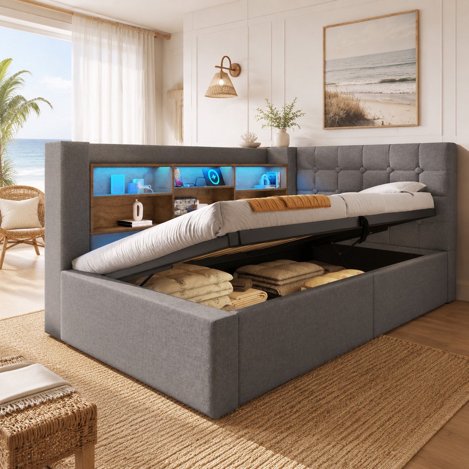 Maisentiel Eenpersoonsbed 90 x 190 cm grijs met opbergruimte, LED en lattenbodem